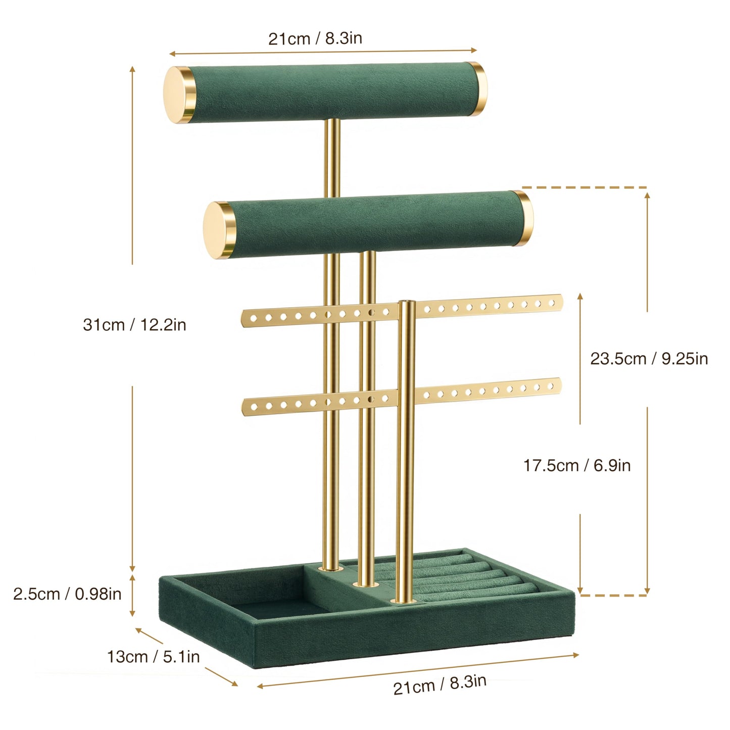bussdis 3 Tier Bracelet Holder Display - Detachable T Bar Dark Green Velvet Bracelet Holder, Jewelry Holder Organizer for Bracelet, Necklace, Earrings, Rings