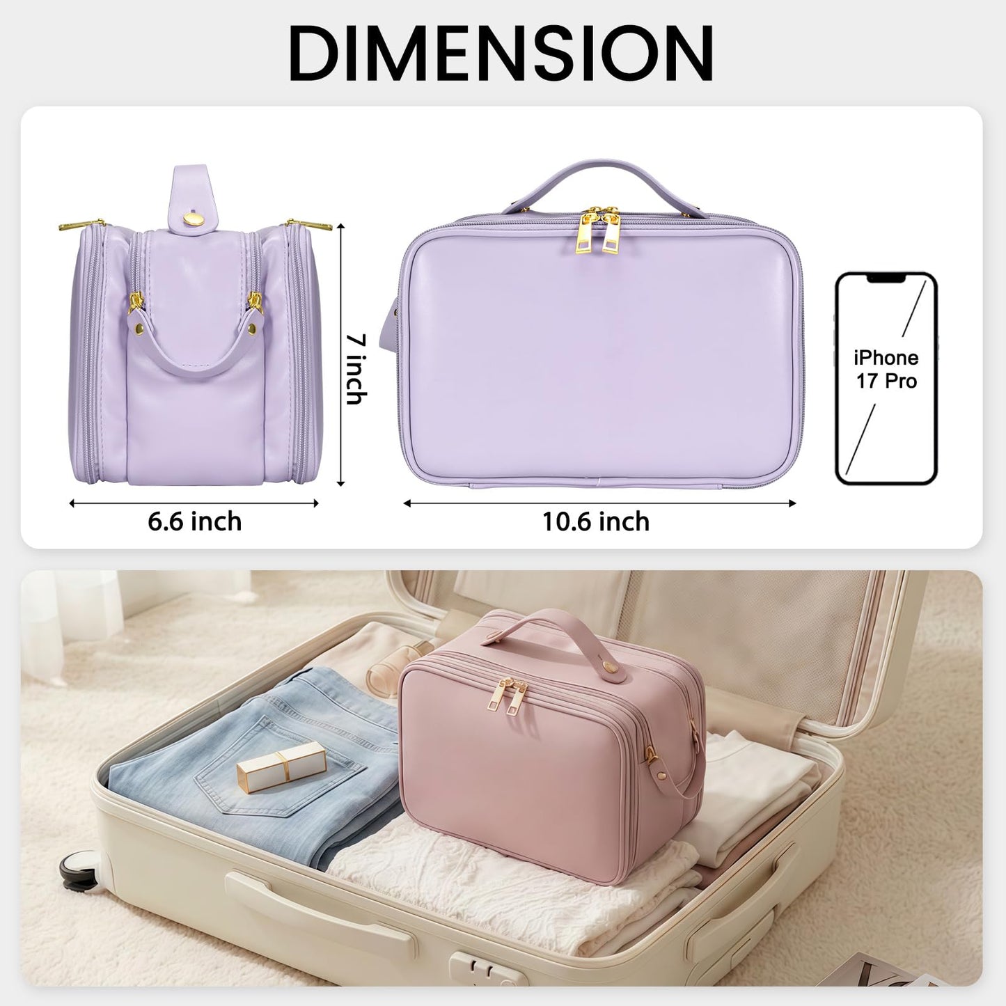 Travel Makeup Bag Women's Large Capacity Cosmetic Portable Organizer Large Opening Waterproof Storage Toiletry Bags Vertical Free-Standing Brush Holder for Easy Access Purple
