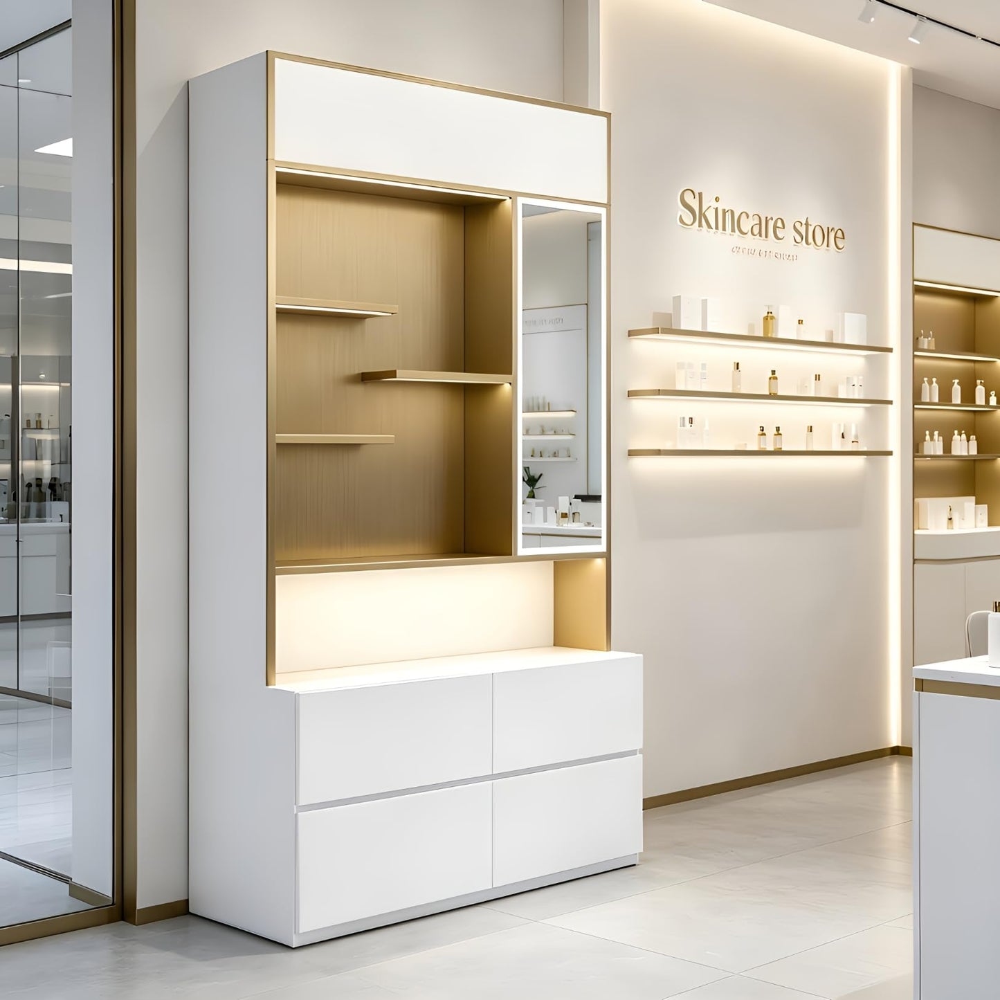 M2 Retail White and Gold Display Cabinet for Spa and Salon, Professional Retail Shelving Unit for Beauty Clinic,Skincare and Nail Polish,Fully Assembled (Wall Bay A, 1000*300*2000mm / 39*12*79")