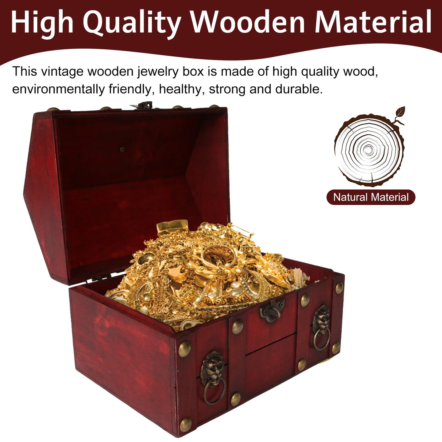 HonyQiShuo Decorative Wood Treasure Chest Box with Small Metal Lock