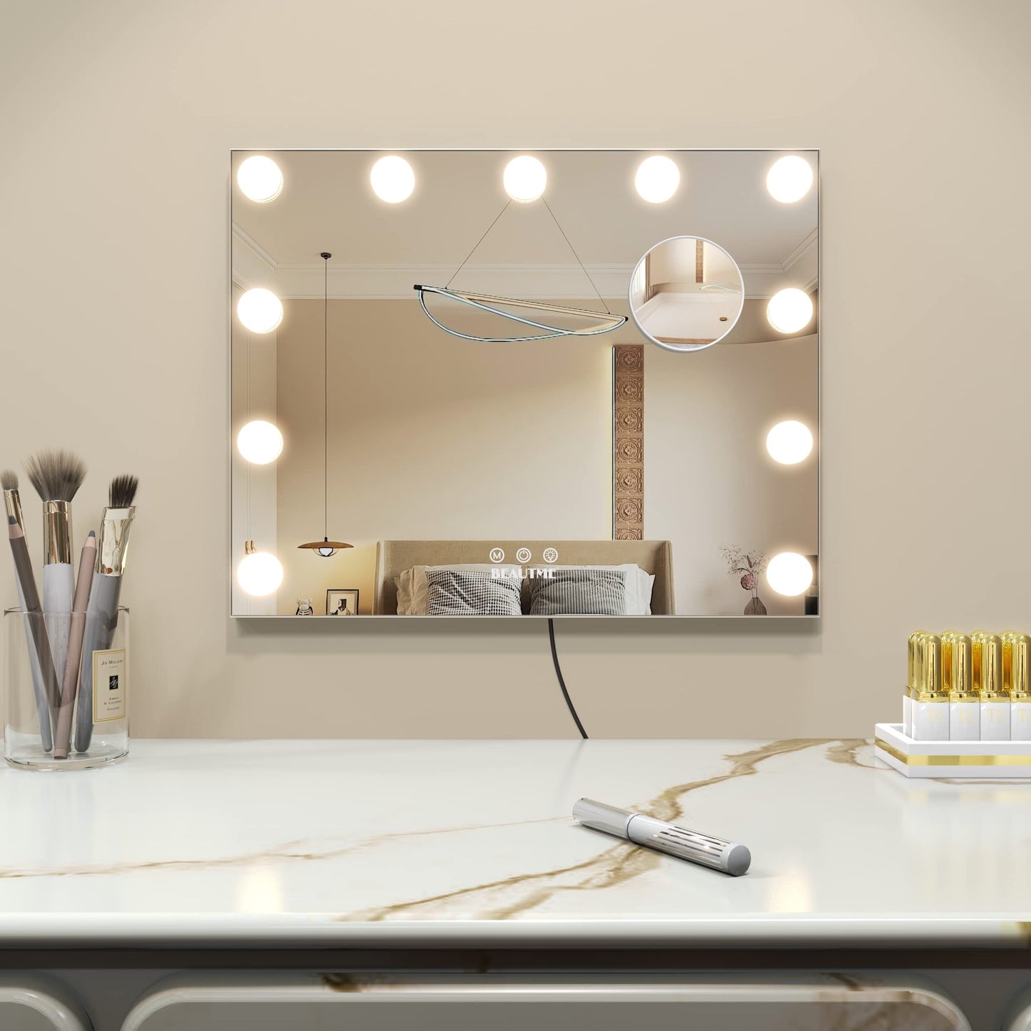 BEAUTME Vanity Mirror with Lights,Dressing Tabletop Vanity Mirror with Led Lights Beauty Mirror, Comes with a Tenfold Magnifying Glass, Intelligent Touch Desktop/Wall Mounted Makeup Mirror
