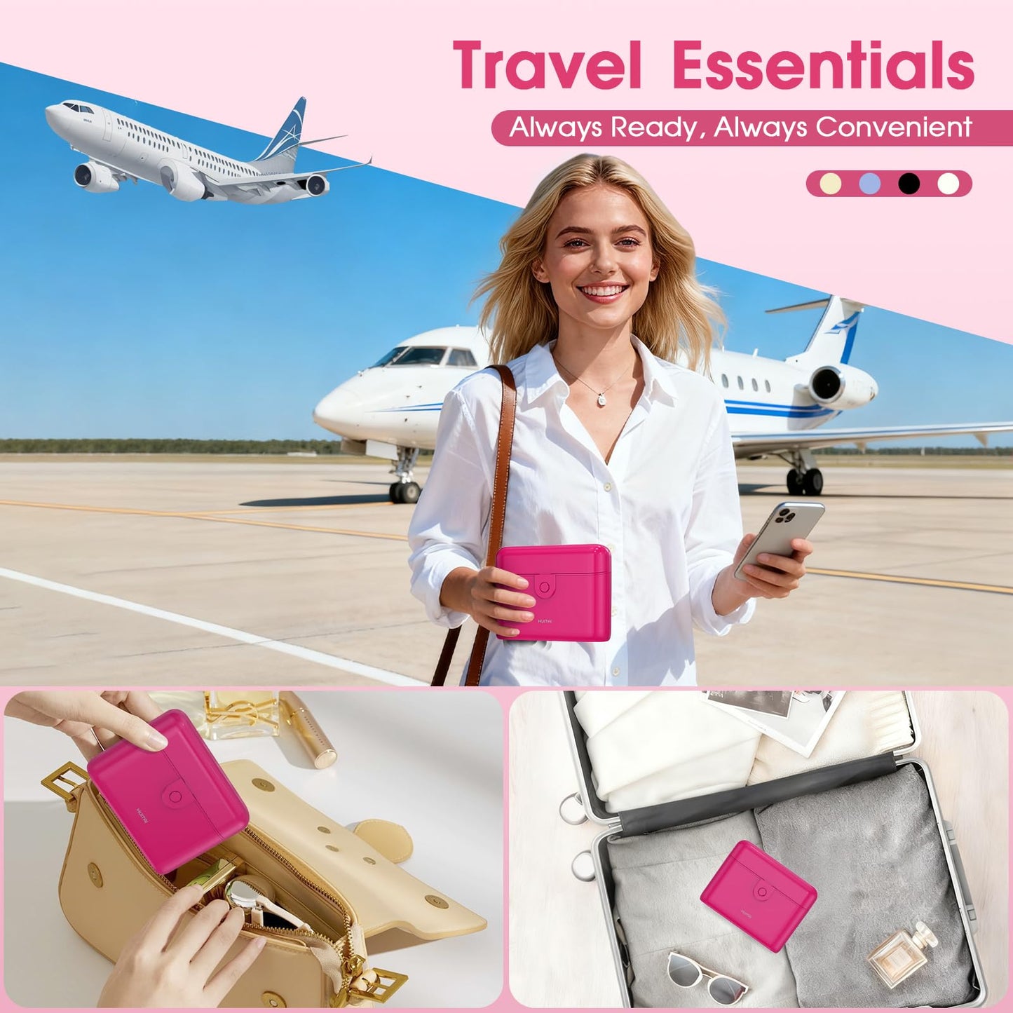HUITAI Travel Bottles with Case, 4x2oz TSA Approved, Leak-Proof, Press to Unlock, Compact & Portable Travel Toiletries (Hot Pink)