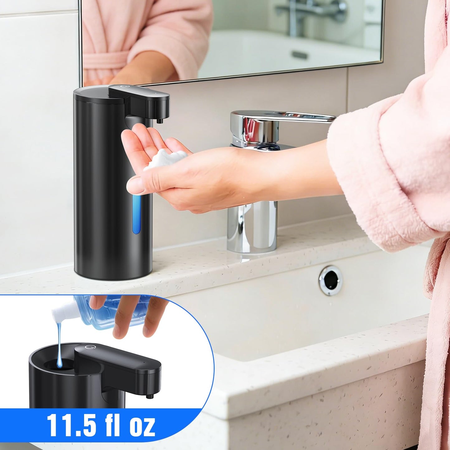 Fantictas Touchless Foaming Soap Dispenser, Stainless Steel Automatic Foam Soap Dispenser, USB-C Rechargeable Sensor Pump with 3 Adjustable Levels, 11.5 oz for Bathroom & Kitchen