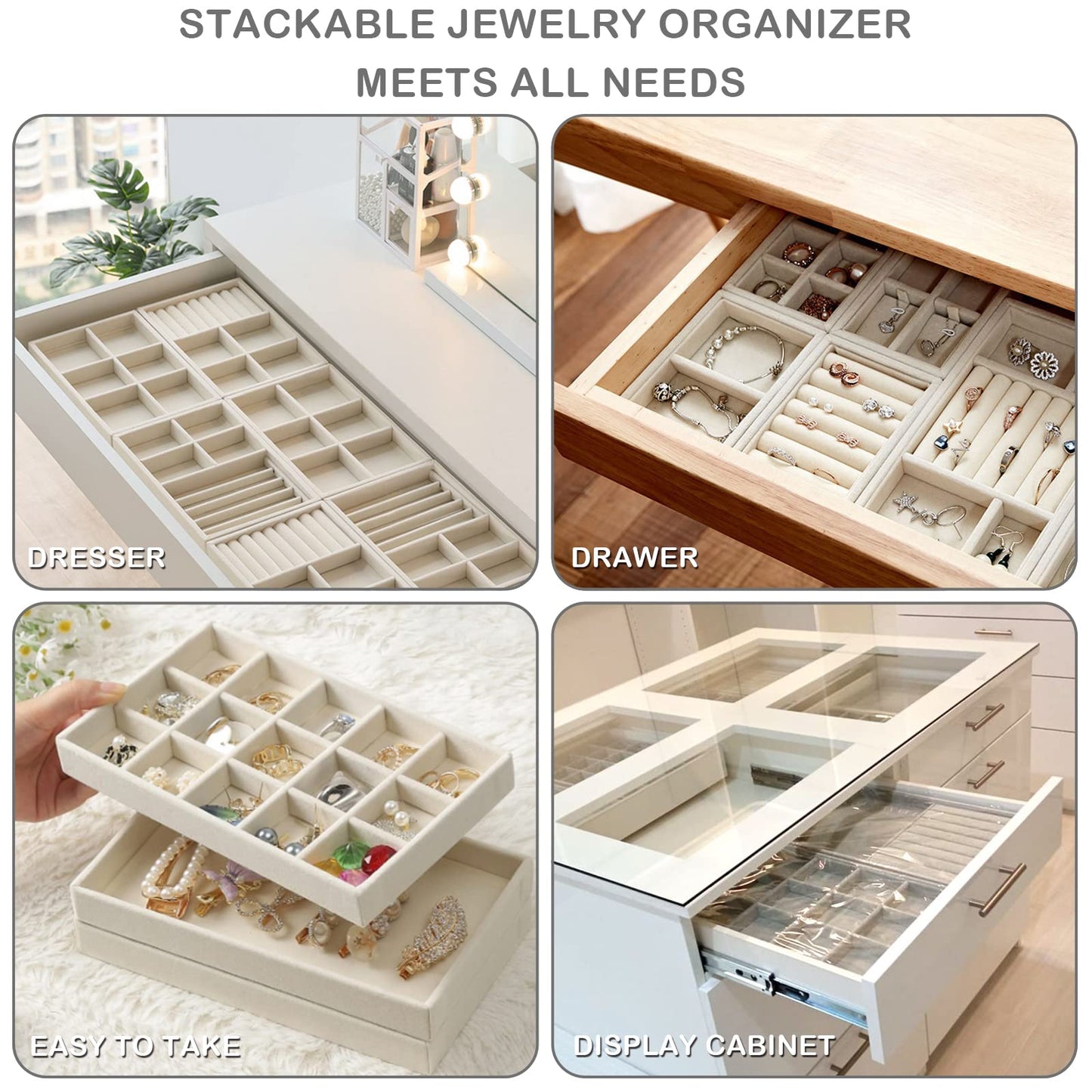 Afnkiom Jewelry Trays,Velvet Stackable Organizer Trays,Drawer Inserts Jewelry Display Case For Rings Stud Necklaces Earring Organizer Tray for Women Girls-8 Pack (Beige)