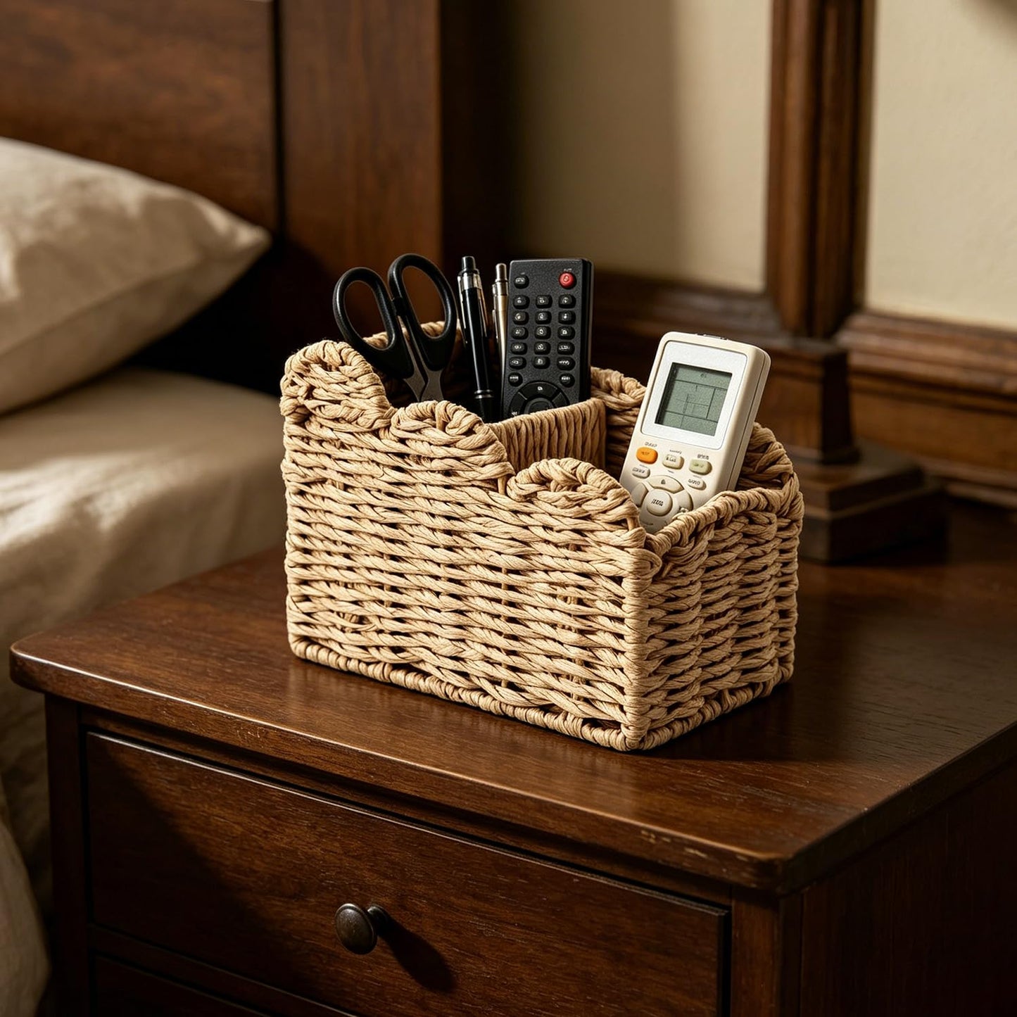 Obantrsz Remote Control Holder, 2-Slot Paper Rope Woven Desk Organizer Caddy with Scalloped Edge – 5.7" x 3.7" x 5.5" Beige Bedside Storage for Pens, Makeup Brushes, Living Room & Office Decor