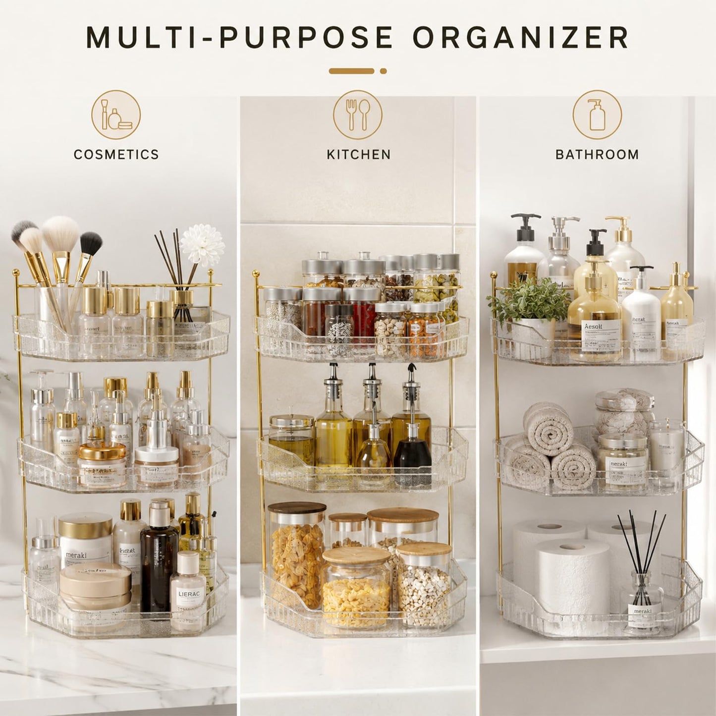 DSLWFQY Corner Bathroom Counter Organizer, 3-Tier Makeup Organizer with Brush Holder, Clear Silver Vanity Storage for Skincare, Cosmetics, Perfume & Dresser Countertop