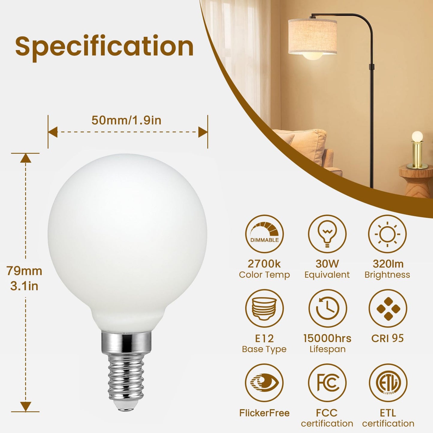 Liii&ARTMAN LED Small Bulb G16 Light Globe 4W Matte White E12 Dimmable 2700K Warm Light CRI97 320lm Equal to 30W Incandescent Bulb (4-Pack)