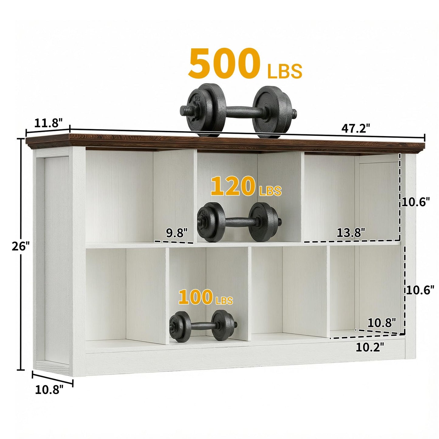 Unikito Cube Storage Organizer Bookcase with Base, Modern Wooden 2 Tiers Low Horizontal Bookshelf for Home and Office, Warm White and Brown