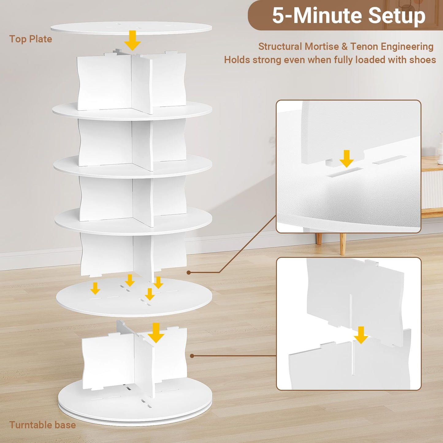 HOMETUK 5-Tier Rotating Standing Shelf Unit with Dividers, 360° Storage Display Tower Vertical Floor Organizer, for Bedroom, Closet, Entryway & Office, Ideal for Shoes, Cosmetics & Handbags, White