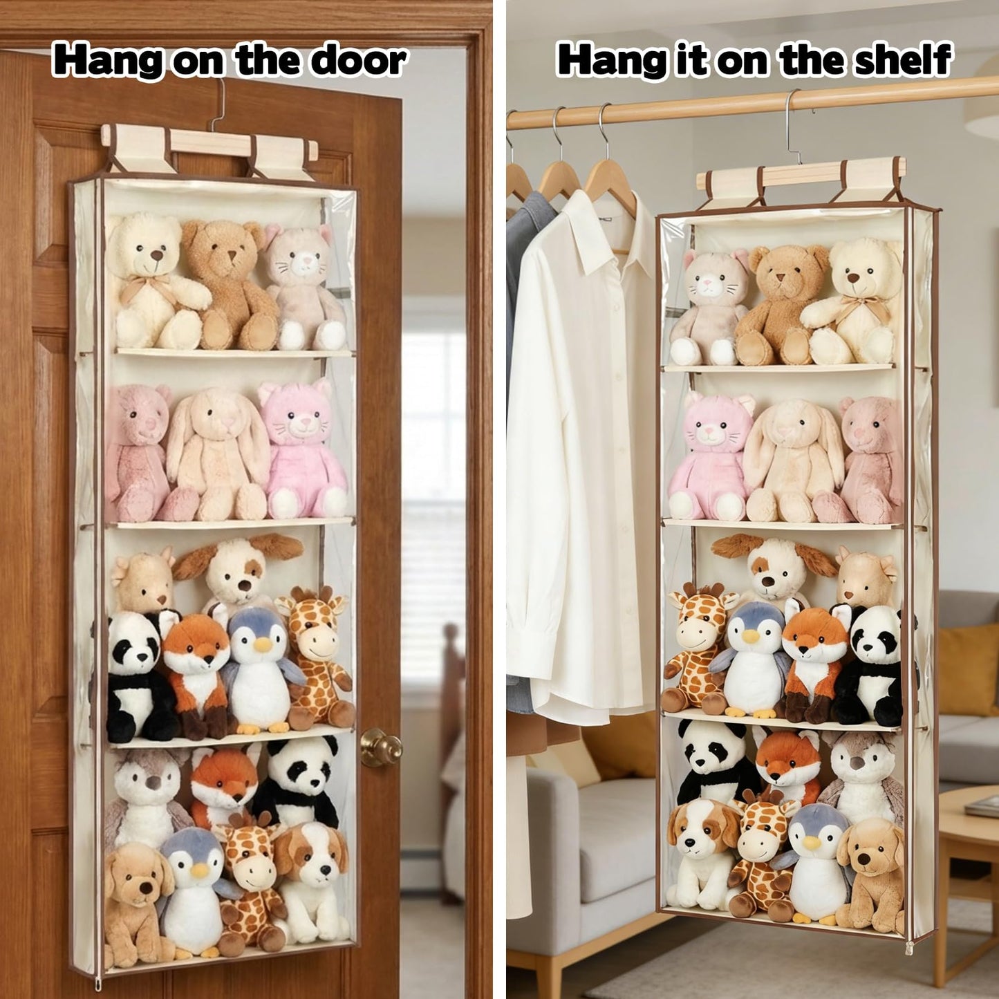 WAKCCIL Stuffed Plush Holder for Squishmallow Storage | 2 in 1 Over the Door & Rack Hanging Organizer | with Extra Space-saving Pockets | Clear Solution for Organize Display