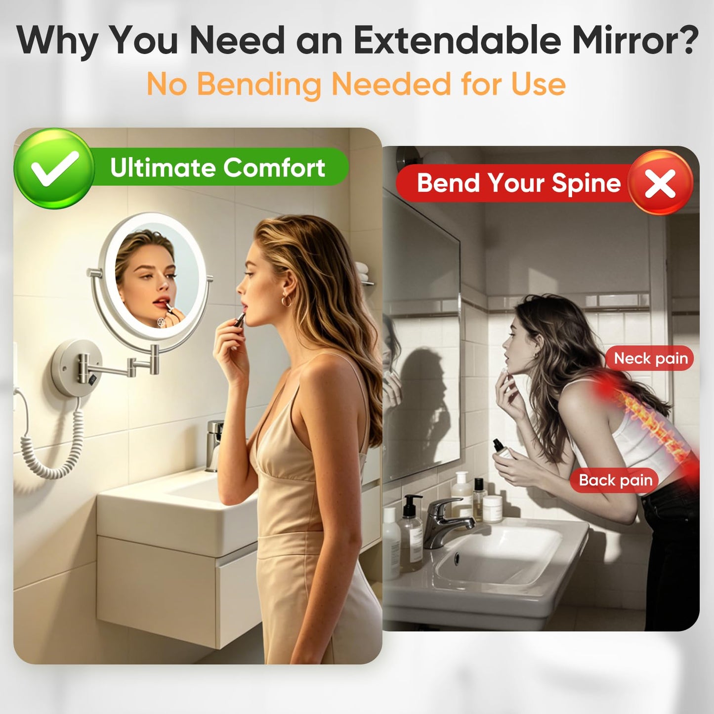 FUNTOUCH 1X/30X Wall Mounted Lighted Makeup Mirror,AC Plug in Powered Double Sided Magnifying Bathroom Mirror with Lights,3 Color Lights Mode,Touch Dimmable,Extended Arm 360 Rotation Light up Mirrors