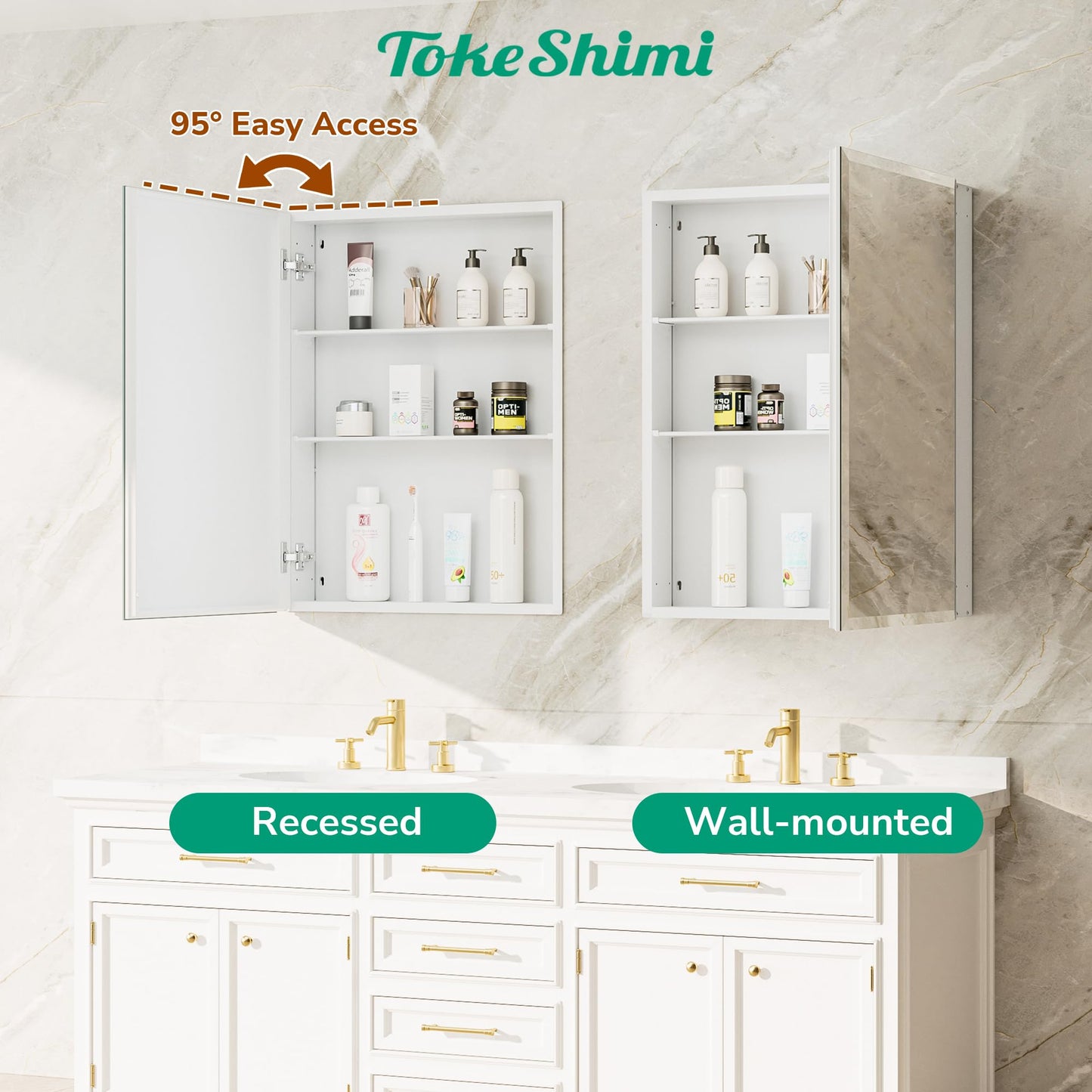 TokeShimi 14 x 24 Medicine Cabinet with Mirror, Assembly Required, White Recessed Bathroom Medicine Cabinet with Tempered Beveled Mirror, Stepless Adjustable Shelves, DTC Hinge