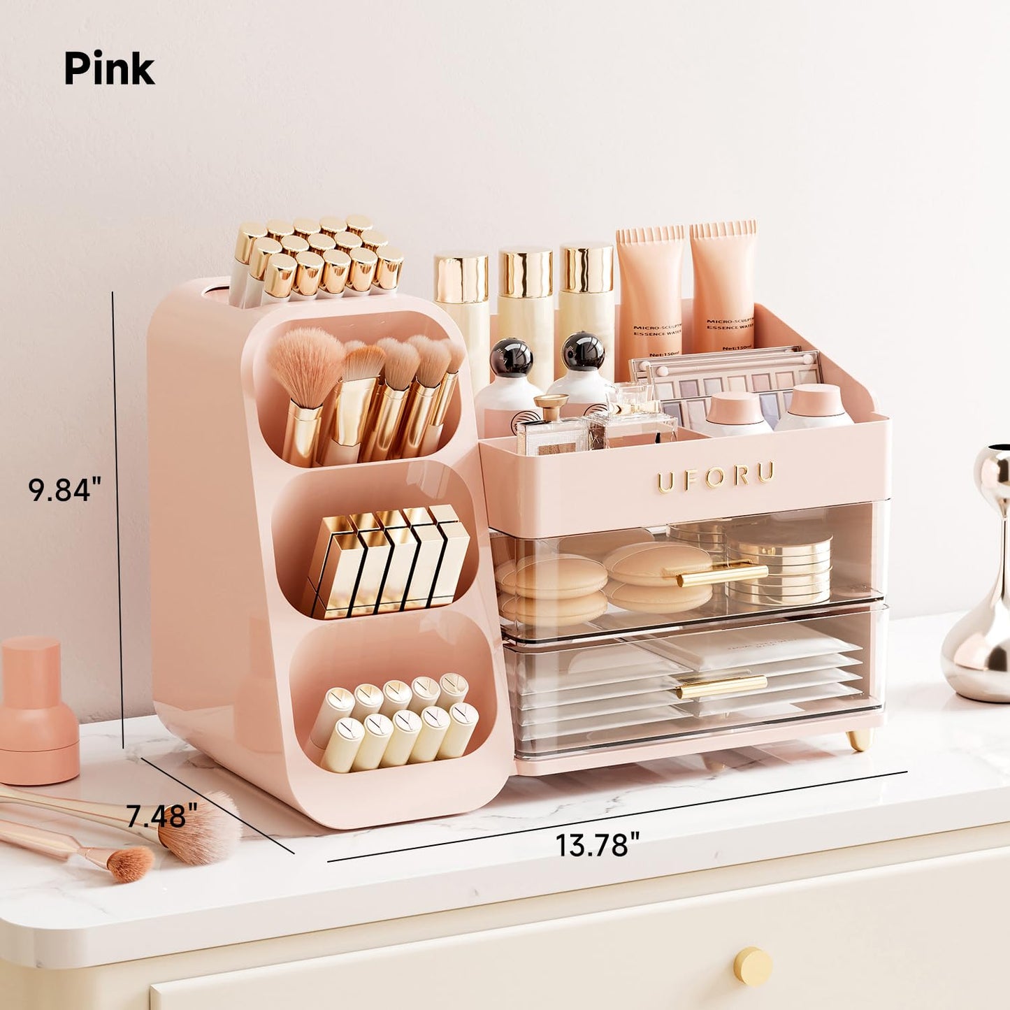 UFORU Makeup Organizer for Vanity with Brush Holder, Large Capacity Bathroom Countertop Skincare Organizer with 2 Drawers, Cosmetic Display Case for Perfumes, Eyeshadow Palettes, Nail Polishes