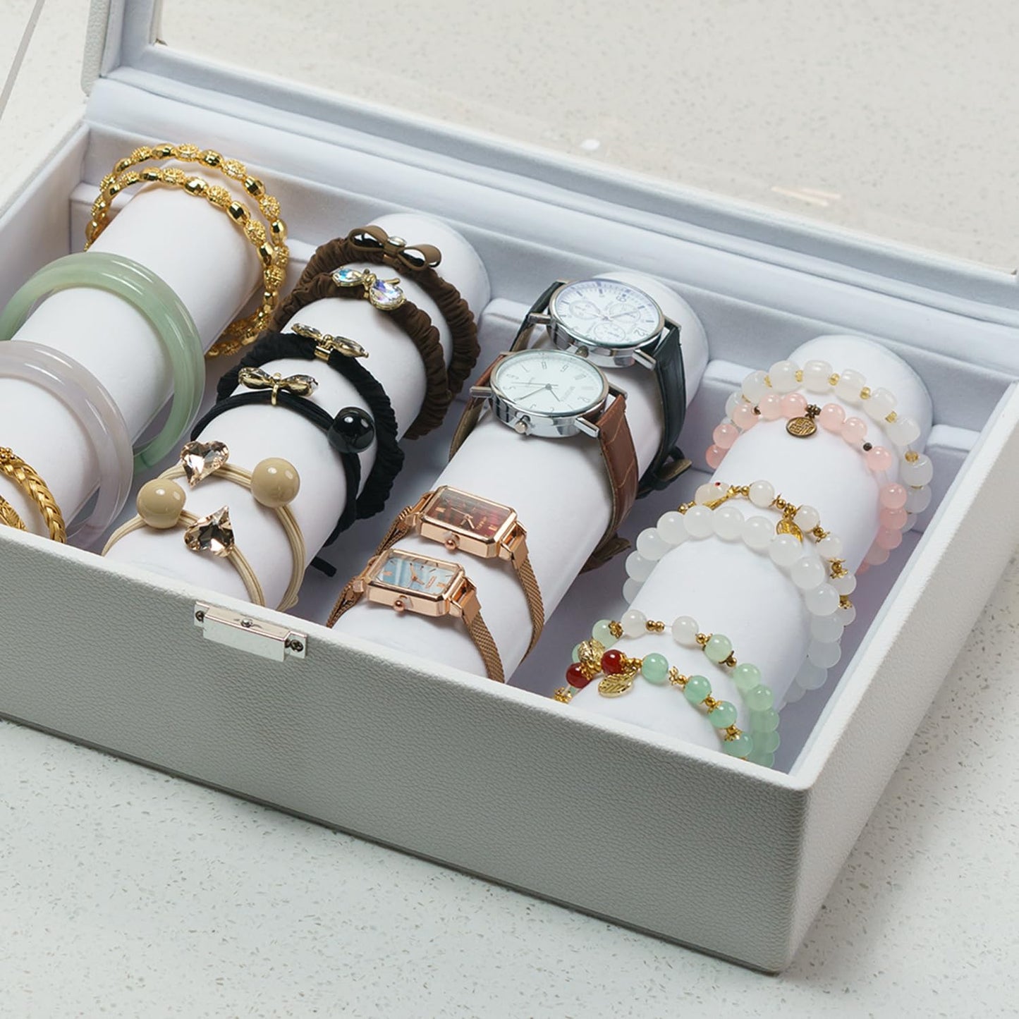 XHMQYC Bracelets Organizer Rods Bangles Display Holder, Clear See through Lid Leather Velvet Jewelry Storage Box Case for Women, 4 Rods White Leather