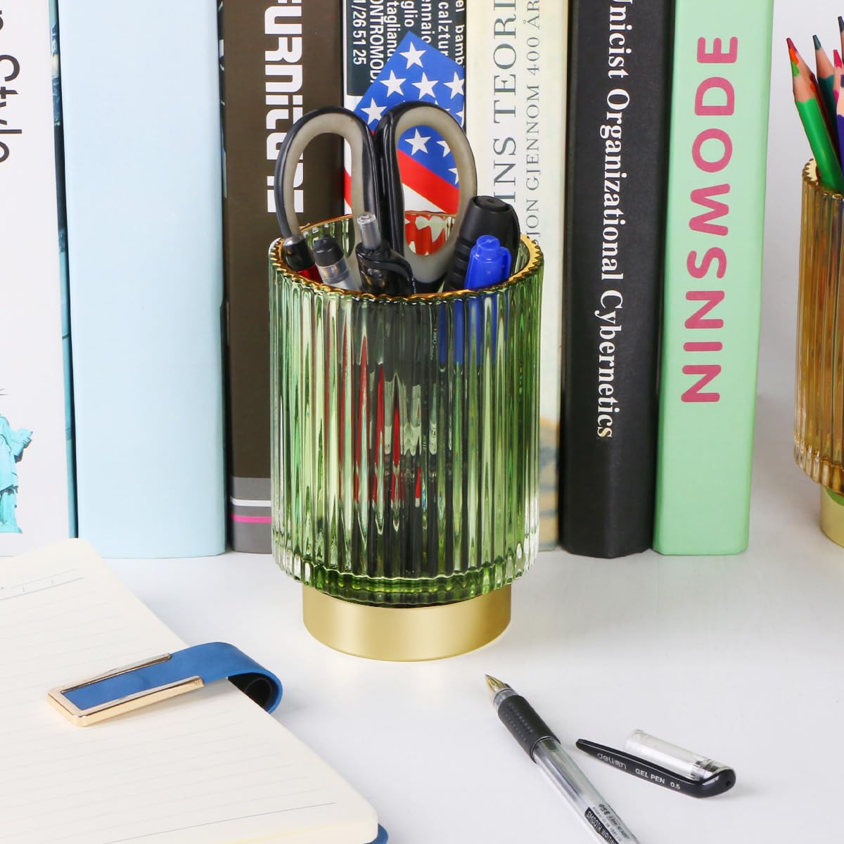 Fvstar Glass Makeup Brush Holder, Green Makeup Brush Holder for Vanity, Toothbrush Holders for Bathrooms, Desktop Makeup Organizer for Cosmetic, Brushes, Pen, Pencil