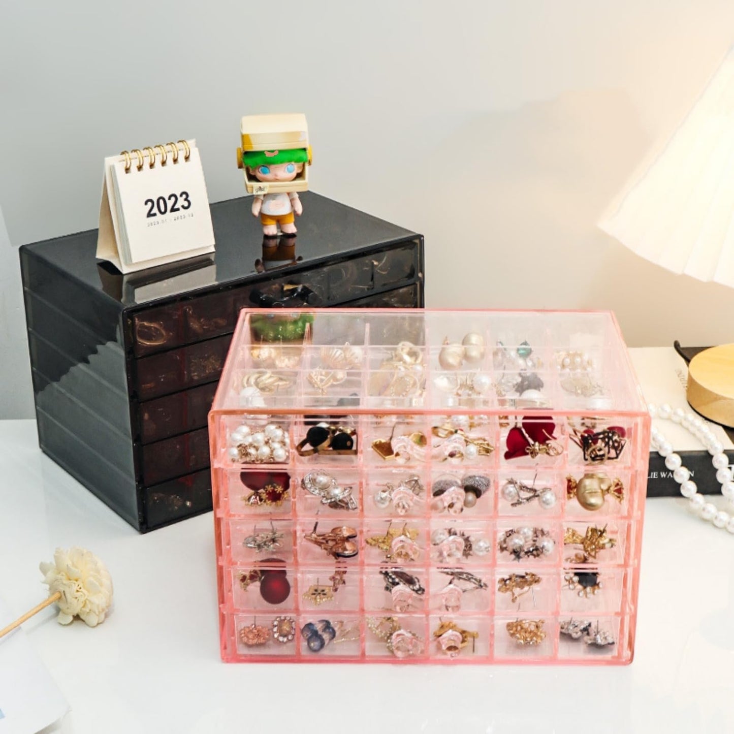 Feadily Acrylic Jewelry Organizer Box, Jewelry Drawer Organizer With 5 Drawers 120 Grids, Black