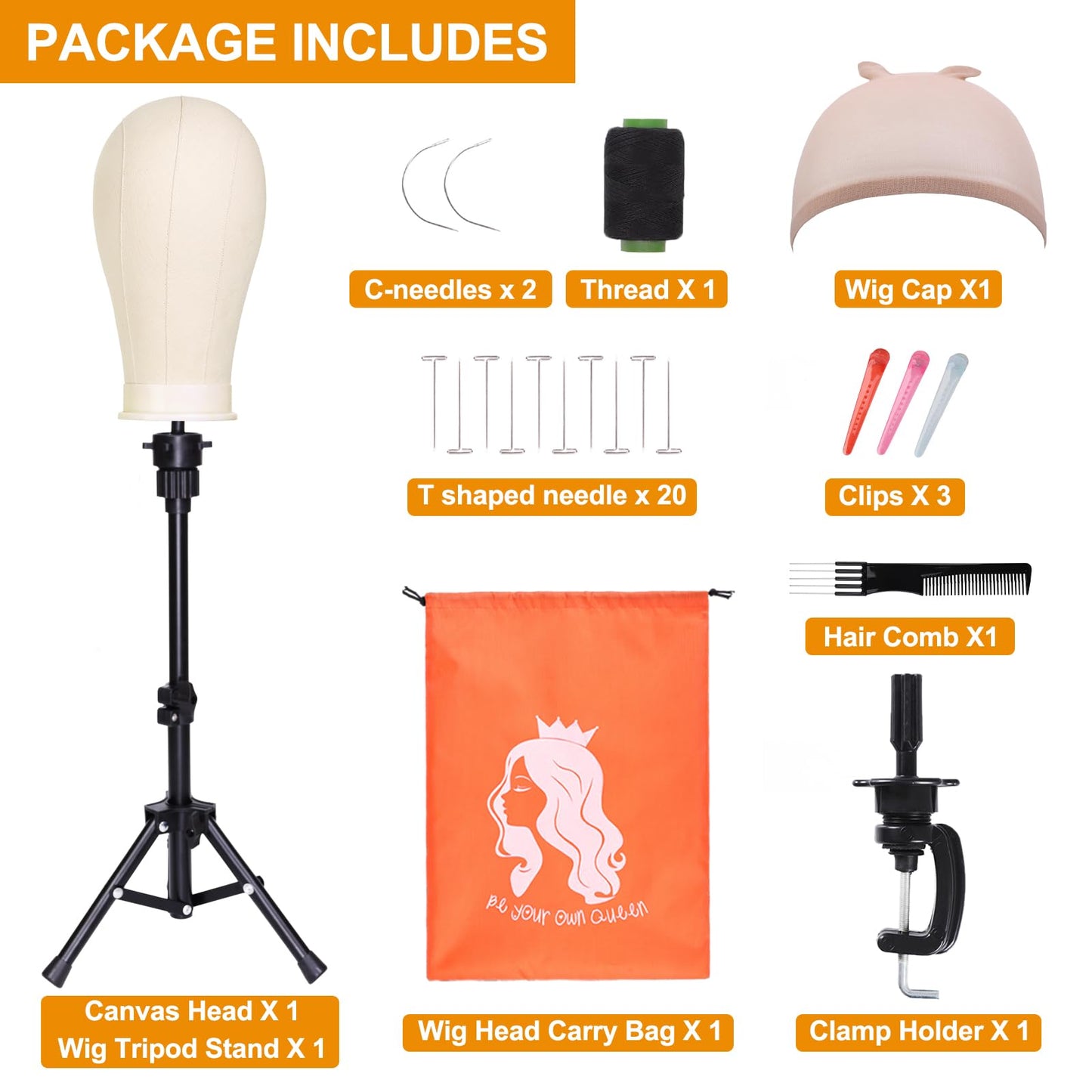 PWEOUKE 22 Inch Canvas Wig Head with Stand for Wigs ,14-22 Inch Height Adjustable Wig Stand Tripod with Canvas Block Wig Head,Manikin Head Block Set for Cosmetology with Wig Stand and Storage Bag