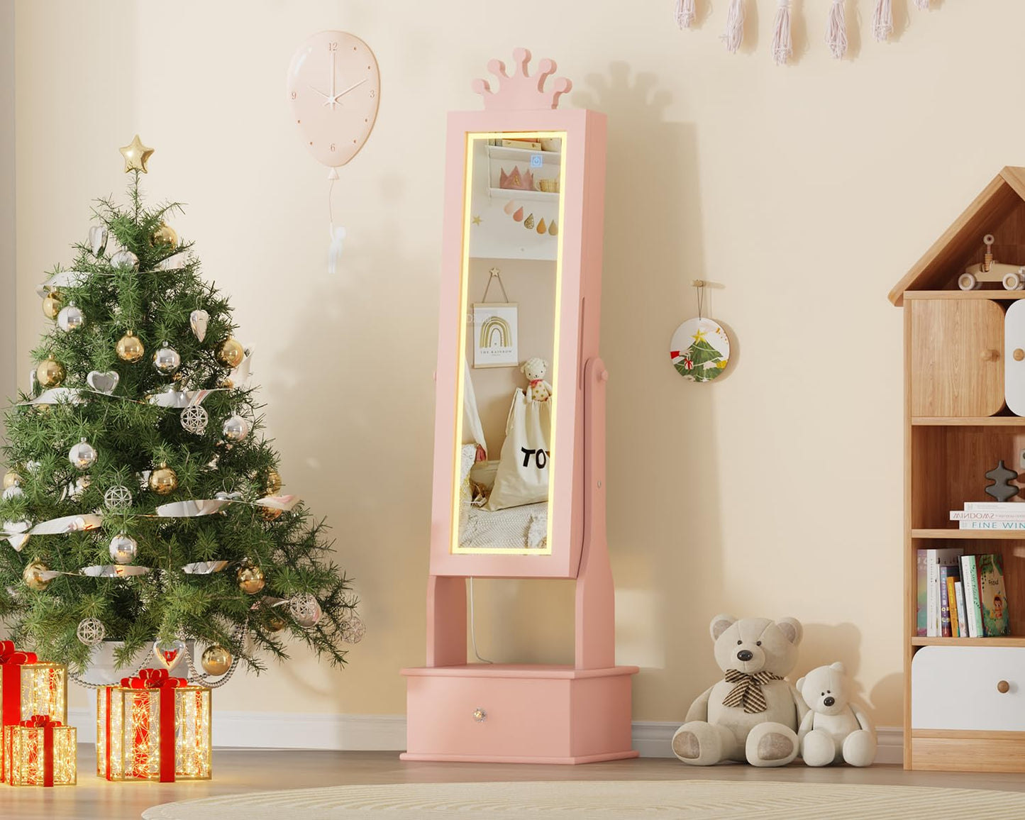 GarveeHome Kids Jewelry Armoire,Child Jewelry Cabinet with Led Light,Freestanding Jewelry Organizer with Full-Length Mirror,3 Storage Drawers,Kids Vanity Dress Up Jewelry Cabinet for Girls(light Pink