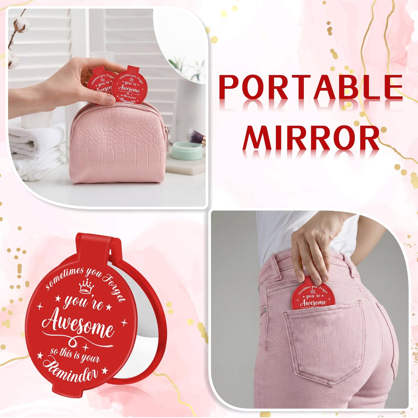Gulfmew 100 Pcs 2.76 Inch Inspirational Compact Mirror Bulk Women Small Gifts Graduation Mothers Day Party Favors Purse Mirror Pocket Mini Items for Adult Coworker Cheerleader Swag Bag (Red)