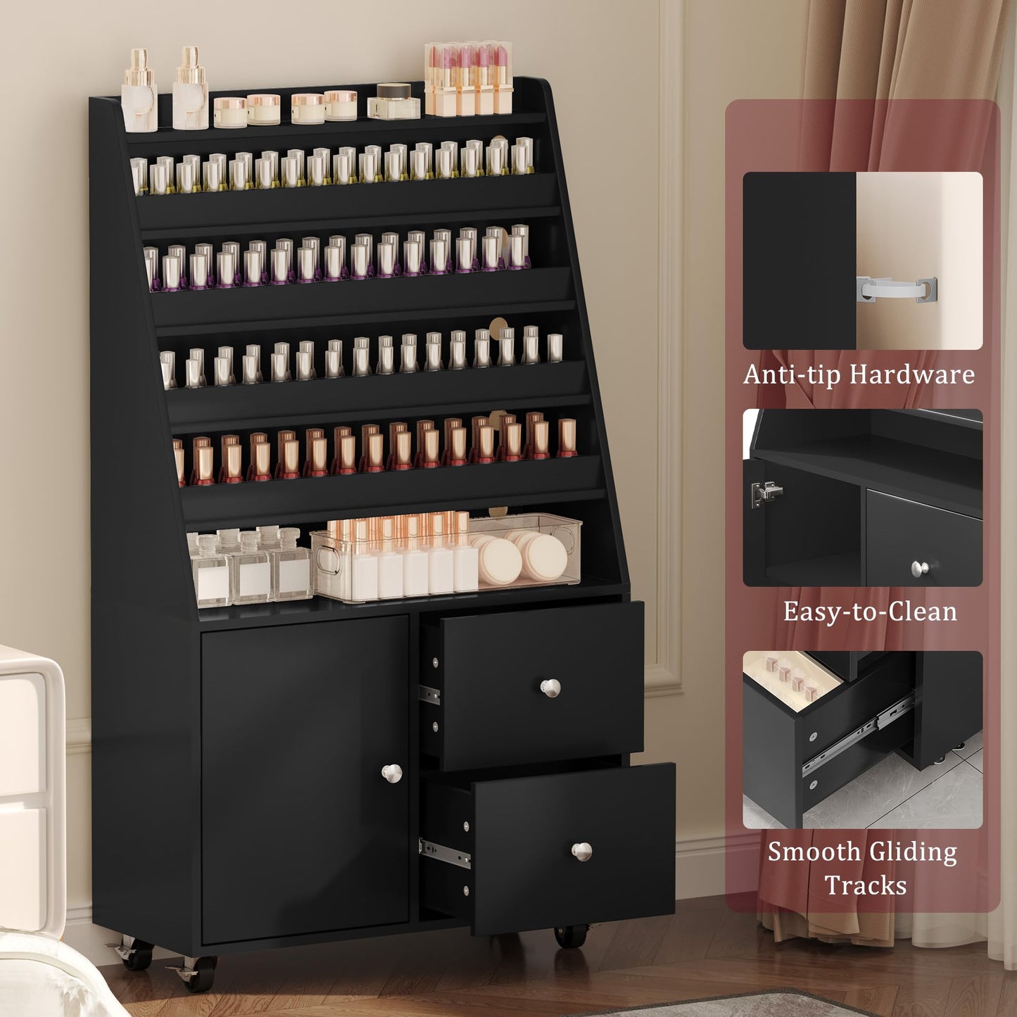 WLLPNG Nail Polish Shelves with LED Light, Rolling Nail Polish Cabinet Organizer Display Stand with Cabinet & 2 Drawers, Large Capacity Nail Storage Rack for Salon Home
