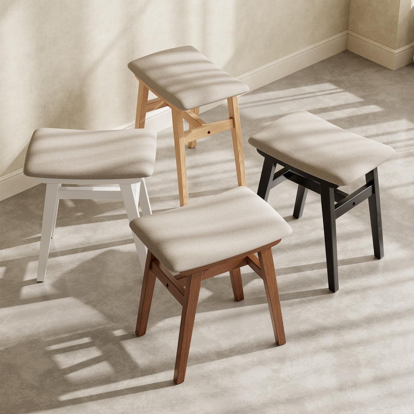 Muwuele Solid Wood Vanity Stool, Compact Makeup Chair with Saddle Cushion, Linen-Covered High Rebound Sponge Seat, Easy Assembly Footstool for Bedroom, Entryway, Home, White