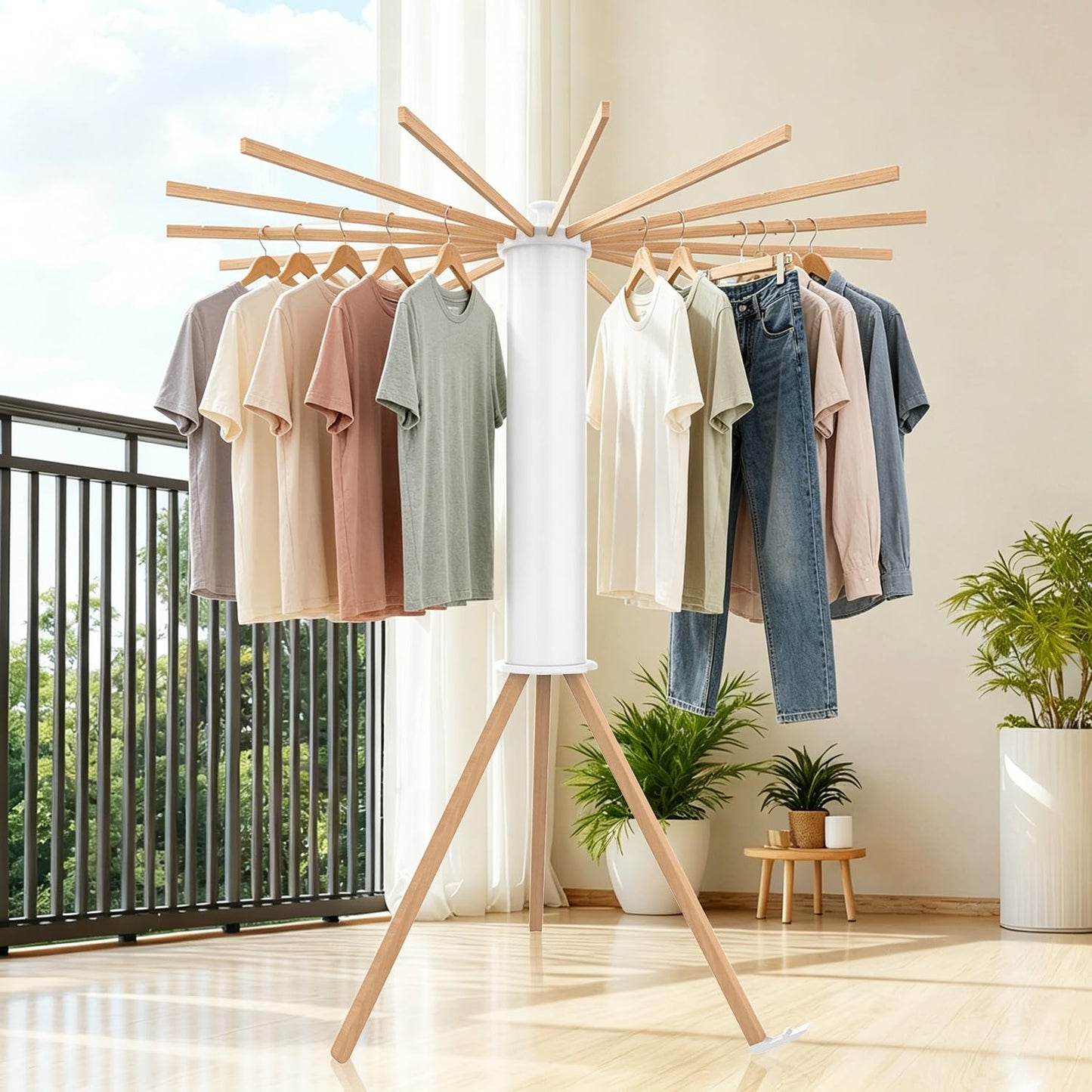 Clothes Drying Rack, Foldable Wooden Tripod Drying Rack Clothing for Small Apartments Balcony Bedroom, Portable Space Saving Laundry Rack, Floor Standing with 16 Octopus Poles for Indoor Drying.