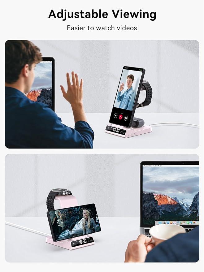 Wireless Charger for Samsung Charging Station with Clock for Samsung Galaxy S25 Ultra/S24 Ultra/Z Flip 6/5/Fold 5/Bud 2, 3 in 1 Charging Station Watch Charger for Samsung Galaxy Watch 7/6/5Pro(Pink)
