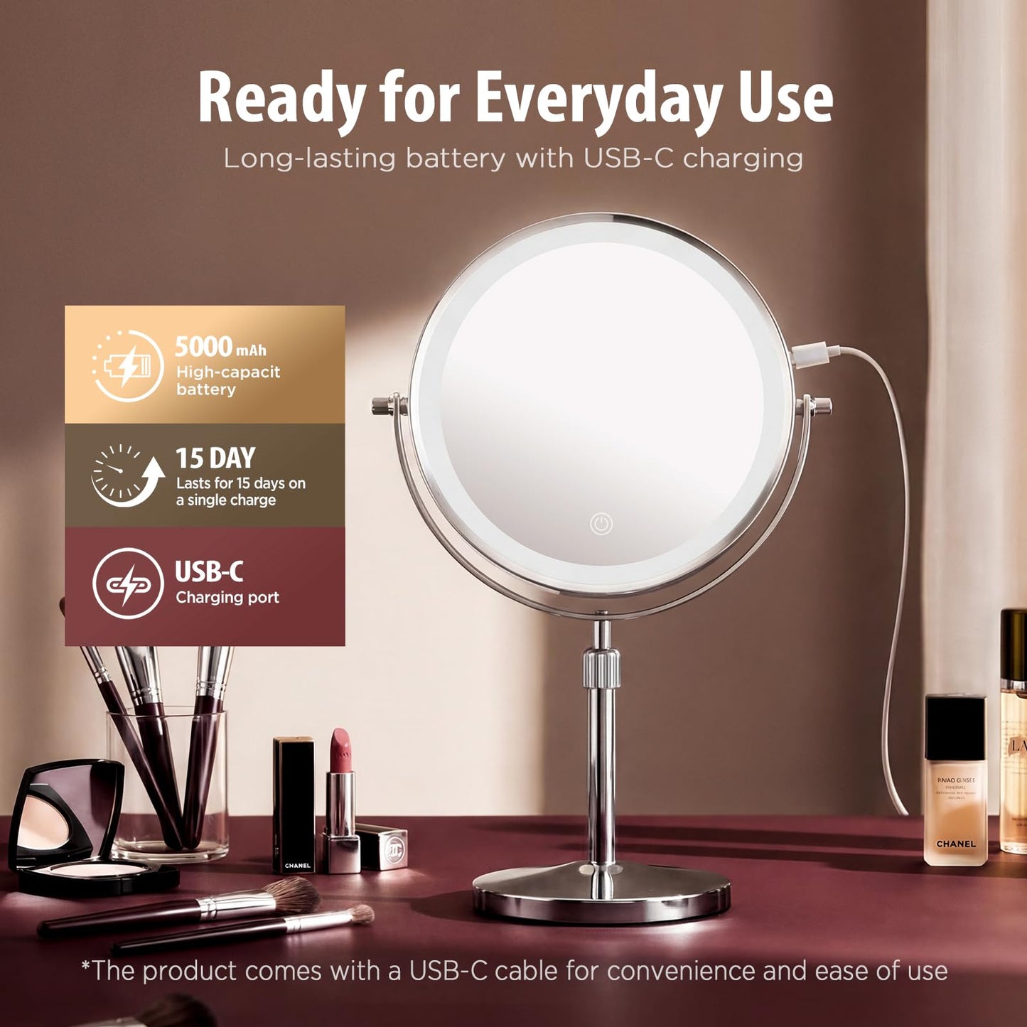 tubbede Makeup Mirror, 1X/30X Magnification with 3 Level LED Lights, 5000 mAh Rechargeable Double Sided 9” Magnifying Mirror with 360° Rotation, Perfect for Precision Grooming and Makeup, Women Gift
