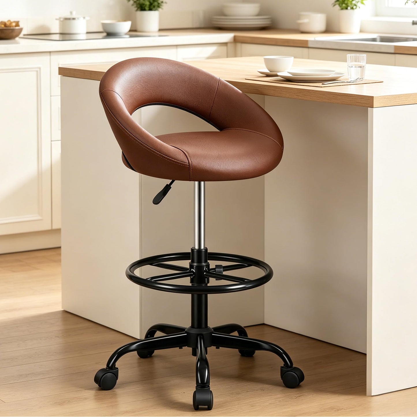 Stella Mia Bar Stool with Back Support – PU Leather Drafting Chair, Adjustable Foot Rest & Rolling Wheels, Swivel Tall Stool for Kitchen Island, Salon, Vanity, Standing Desk, Brown
