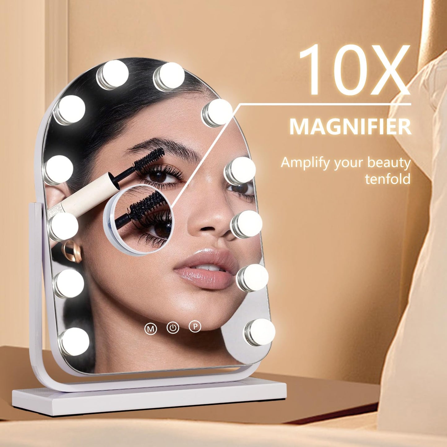 homtang Makeup Mirror with Lights-3 Modes,Smart Touch Control,Detachable 10X Magnification,15.7"×11.8" Hollywood Vanity,360° Rotation (White)