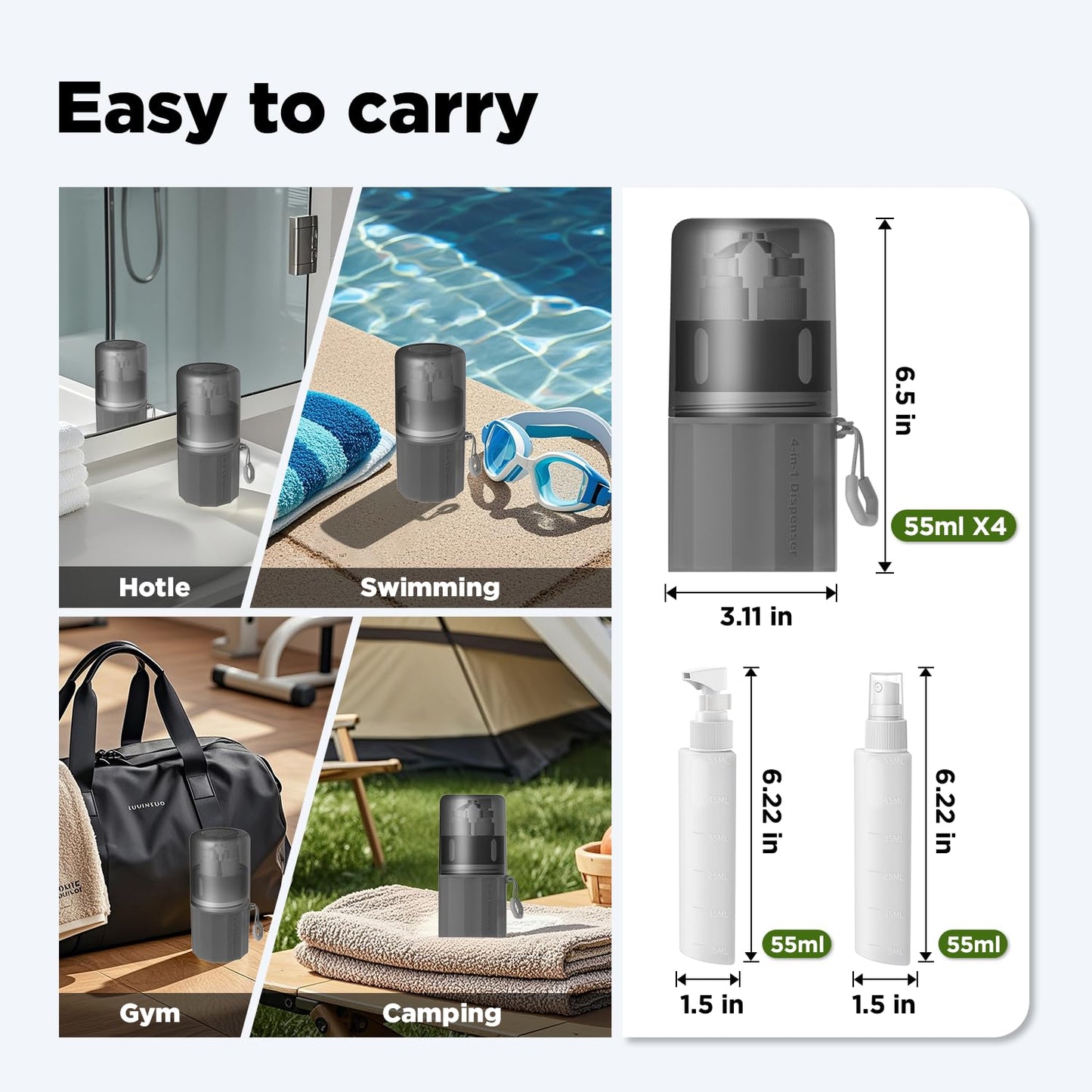 VOGOGE Travel Bottles for Toiletries, TSA Approved Travel Shampoo and Conditioner Bottles with Suction Cups, Gray