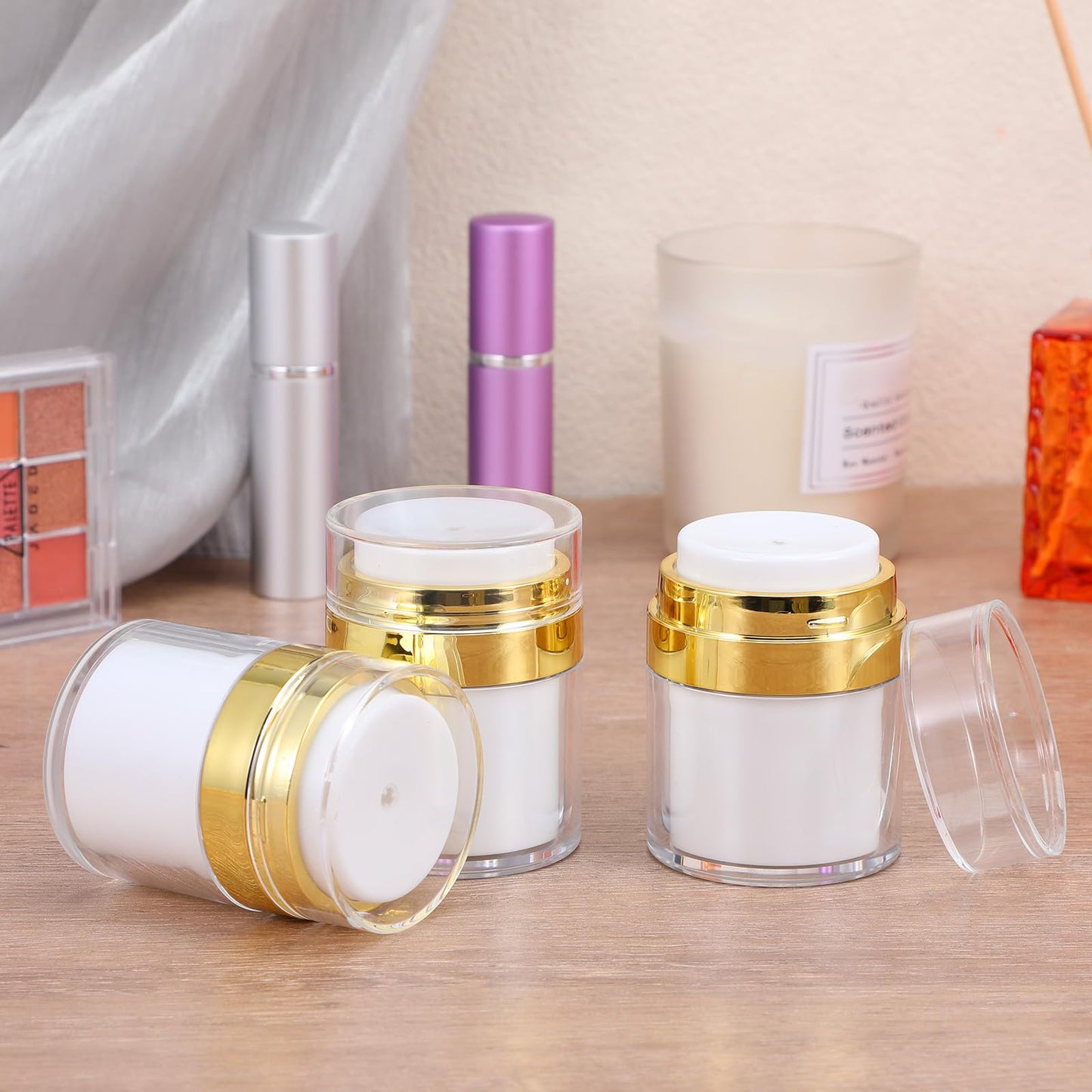 12PCS 1oz Gold Travel Jars for Creams, 30ml Airless Pump Jars Refillable Travel Bottles Empty Makeup Containers for Creams Lotion Moisturizer Toiletries Dispenser
