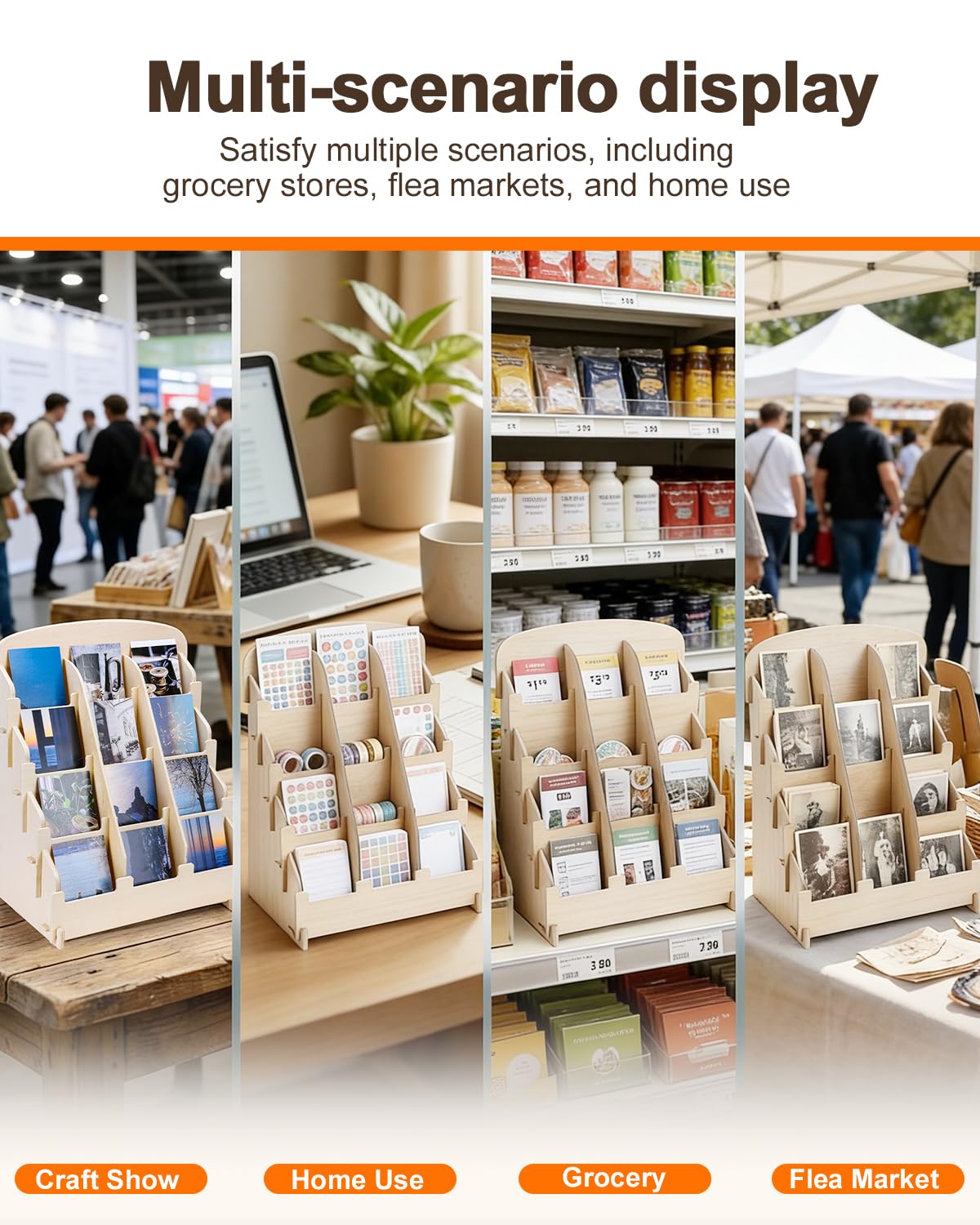 UCEC Wooden Sticker Display Stand - 4 Tier 12 Pockets Adjustable Card Display Stand for Vendors - Portable Rustic Greeting Card Organizer for Craft Shows, Stickers, Postcards & Small Business Retail