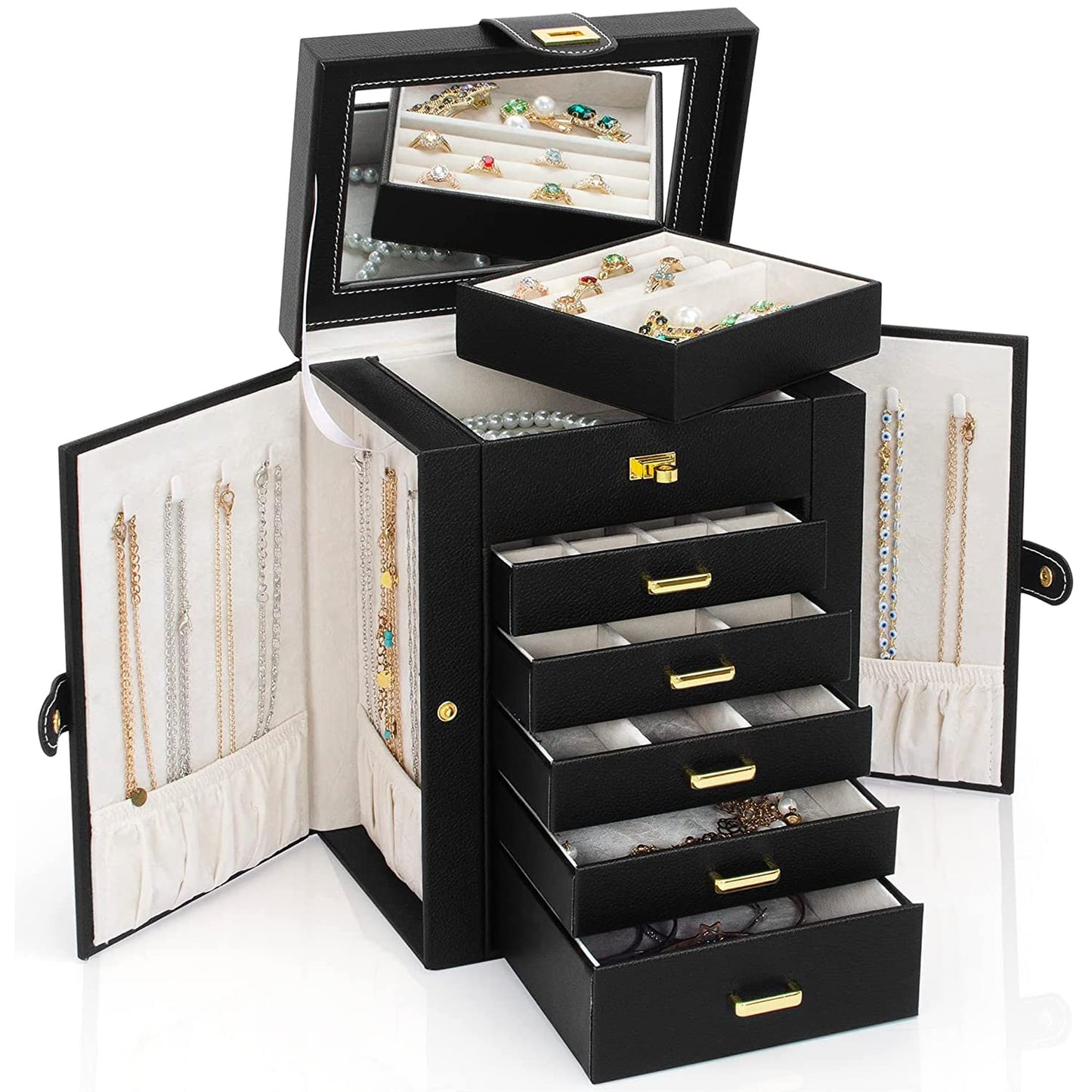 AKOZLIN 6-Tier Jewelry Box Organizer Functional 5 Drawers Leather Jewelry Storage Case for Women Girls Ring Necklace Earring Bracelet Holder Organizer with Mirror Black Regular