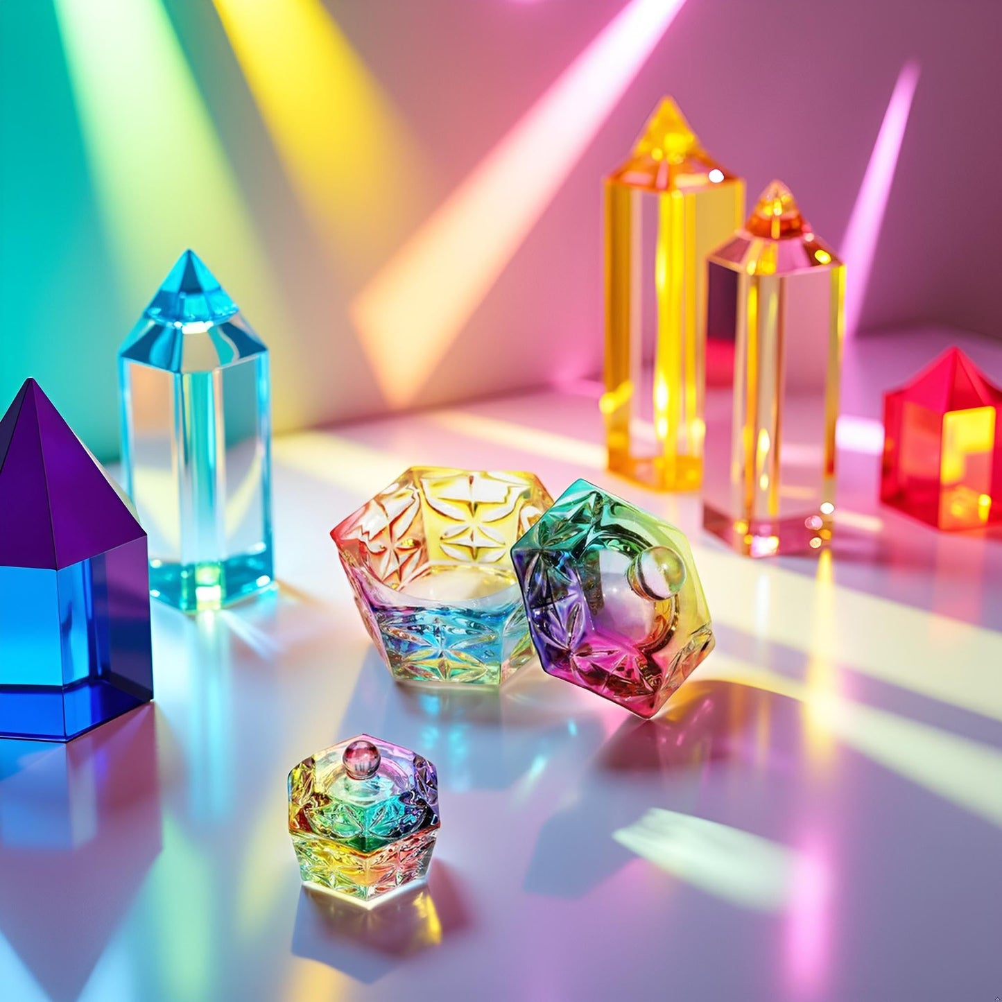Pxiryanlow A Set of Multicolour Hexagonal Prism Crystal Glass Dish with Lid,Hexagonal Prism Crystal Cup Acrylic Liquids Powder Glass Dish With Lid Crystal Bowl For Salon and Home,Nail Art and Polish