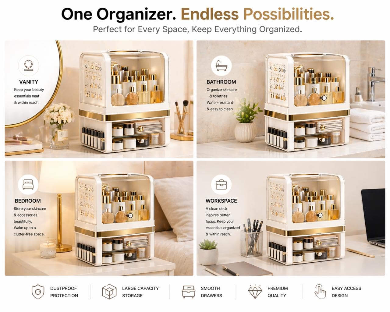 Makeup Organizer with Drawers, Large Acrylic Dustproof Cosmetic Storage Box with Lid, 2-Layer Vanity Organizer for Skincare, Perfume & Bathroom Countertop (28.5 × 20 × 38 cm)