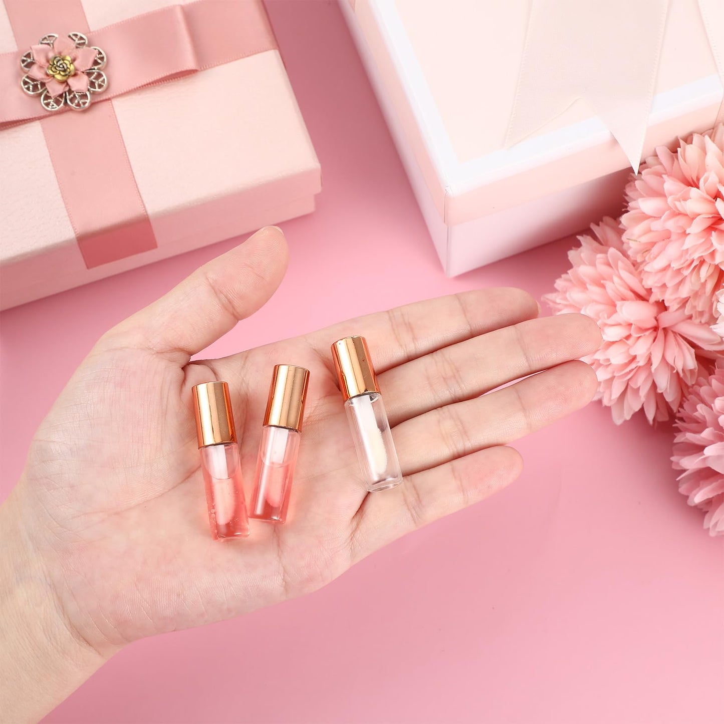 Jinei 150 Pcs 1.2ml Mini Lip Gloss Tubes Clear Empty Lip Balm Bottles, Refillable Containers Transparent Plastic Clear Lipstick Tubes for Women DIY Makeup Sample Travel(Rose Gold)