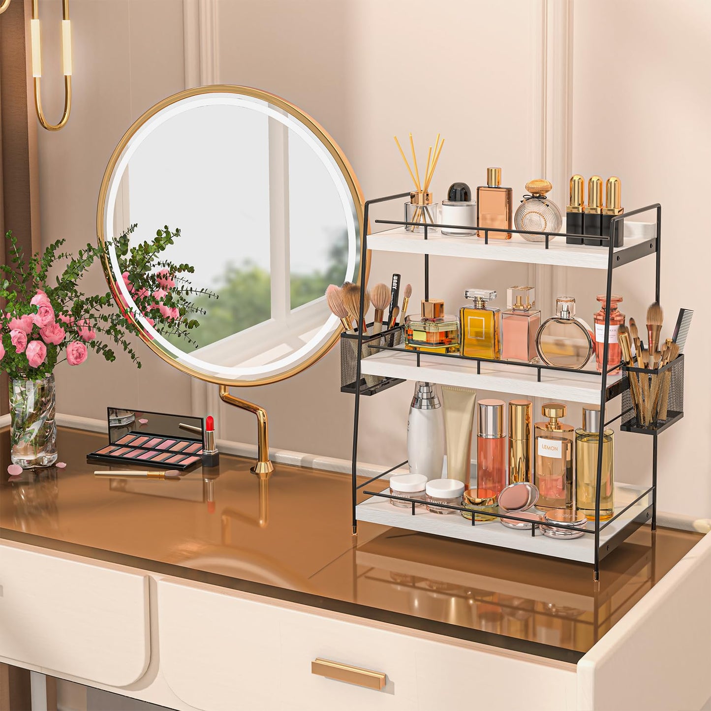 Bathroom Counter Organizer,Bathroom Countertop Organizer with Baskets,Vanity Organizers,Counter Shelf,Countertop Storage, Makeup Organizers(White)