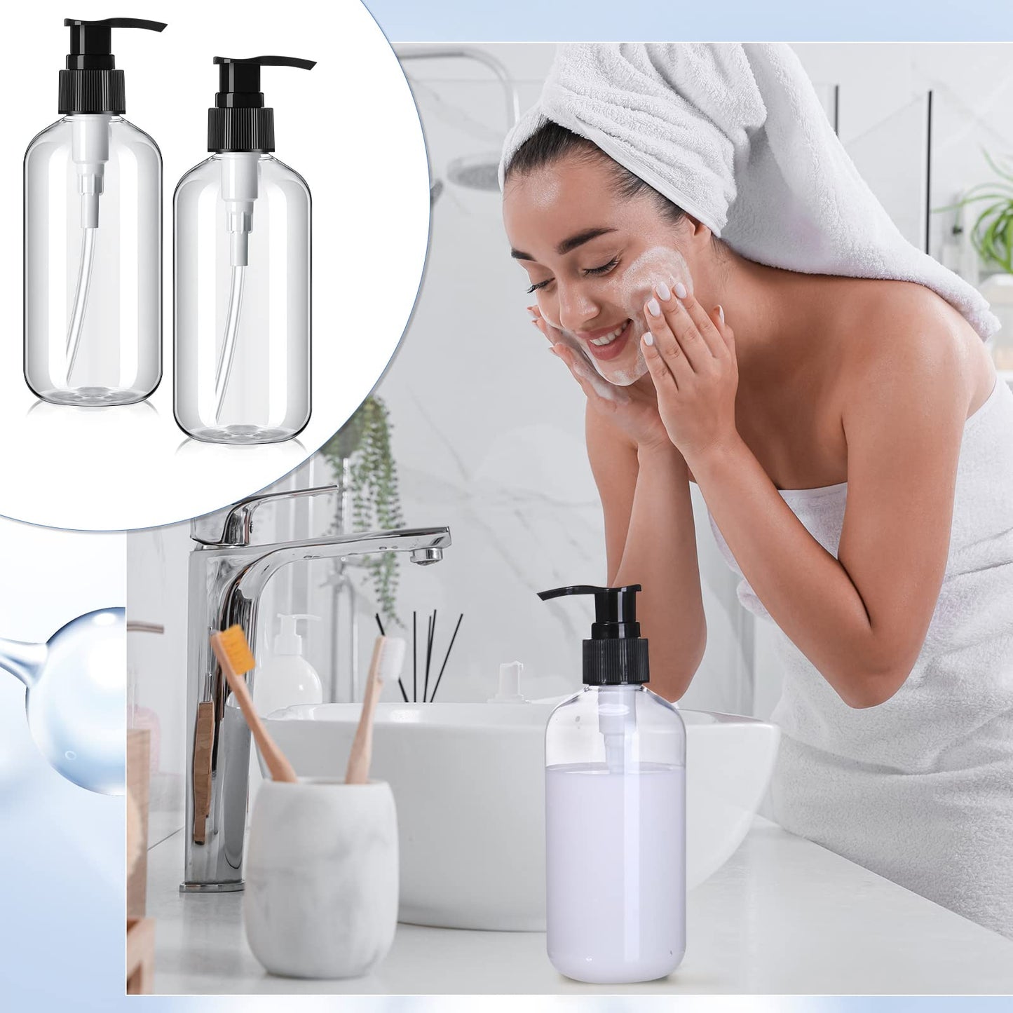 Gerrii 60 Pcs 8 oz/ 250 ml Plastic Empty Pump Bottles Lotion Clear Refillable Plastic Bottles with Pumps Dispenser Portable Travel Container for Body Wash, Liquid Soap, Massage Oil(Black Pump)