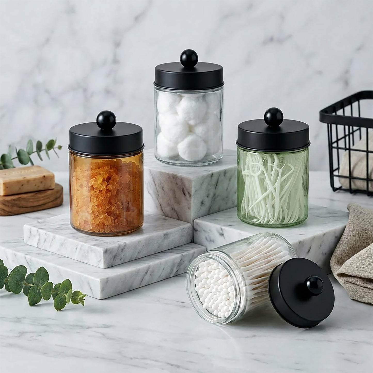 Amolliar 4 Pack Apothecary Jars Bathroom Vanity Storage Organizer Set -Countertop Canister with Stainless Steel Lids &Stickers Qtip Dispenser Holder for Cotton Swab (Green-golden Lid)