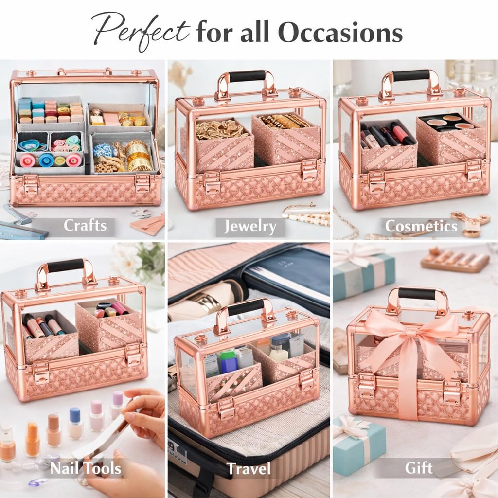 Ver Beauty Rose Gold Diamond Makeup Train Case with 6 Accordion Trays Lockable Cosmetic Organizer with Spacious Interior & Clear Acrylic Top