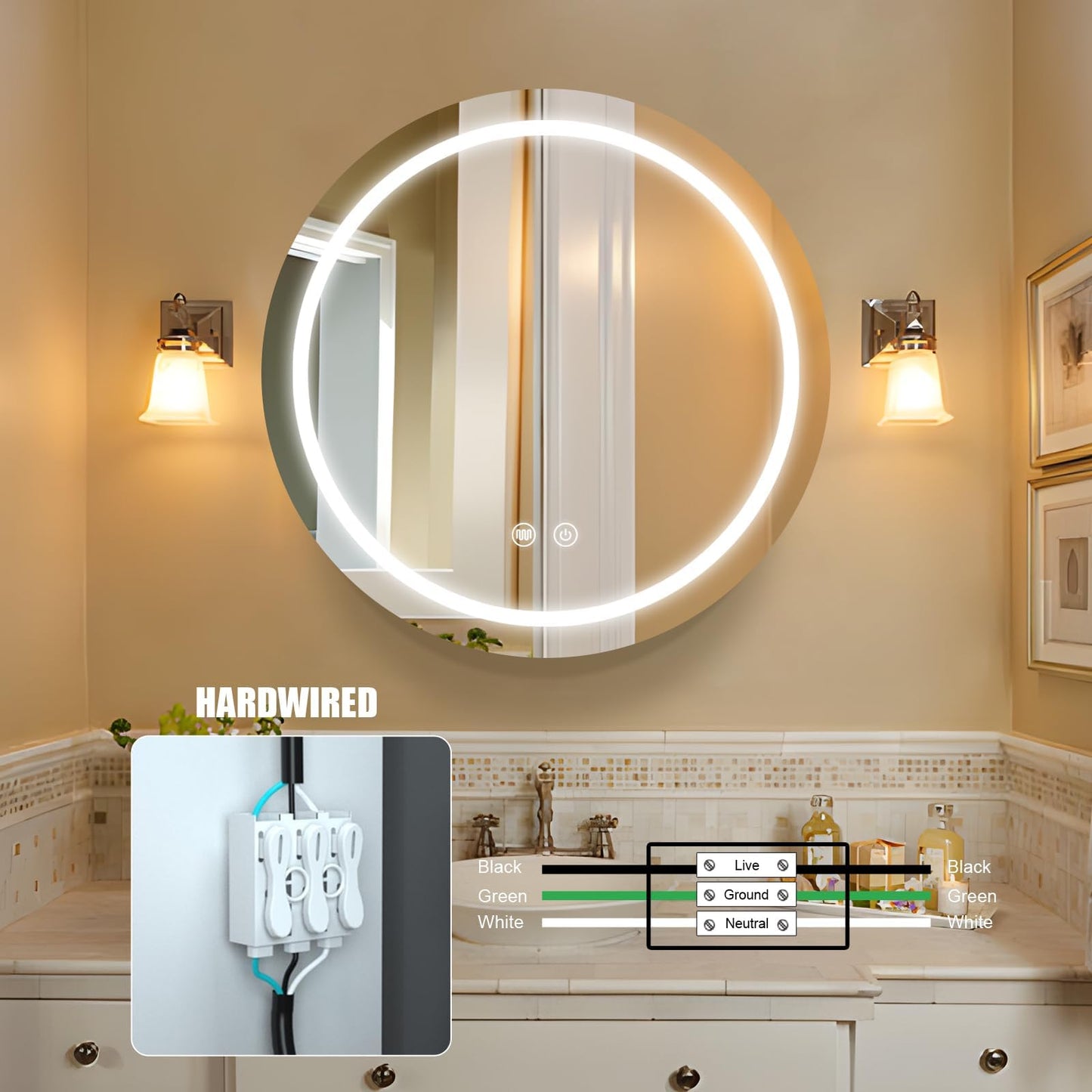 Janboe 26inch Round Medicine Cabinet with Lights,Led Medicine Cabinet with Demister,Illuminated Bathroom Mirror Cabinet,Dimmable,Anti-Fog,3 Color Temperature,White