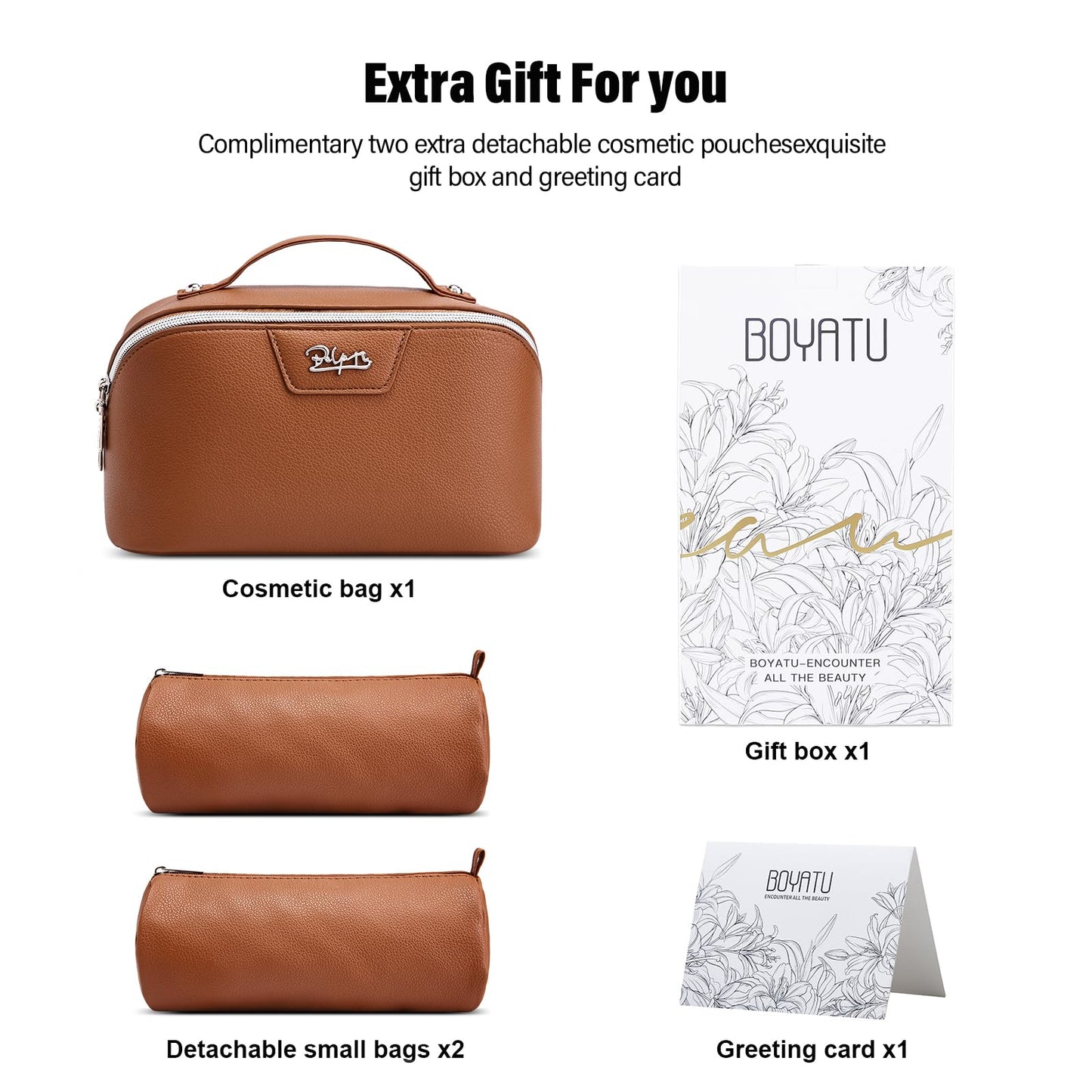 BOYATU Travel Makeup Bag Cosmetic Bags for Women: Large Capacity 3 Pcs Set Make up Bag with Compartments - Waterproof Vegan Leather Toiletry Organizer Bags with Handle (L25Brown)
