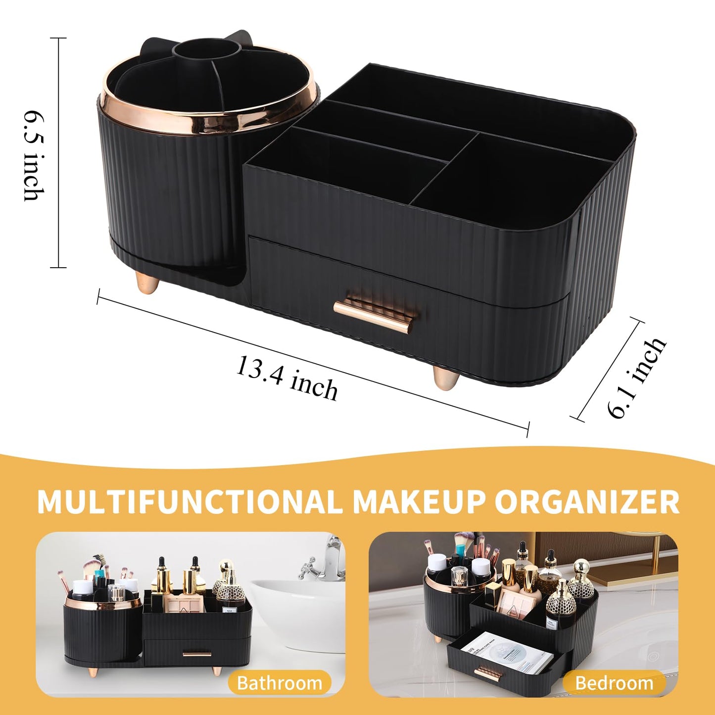 Zufudo Makeup Organizer Countertop with Drawer 360 Rotating Brush Holder Storage Large Capacity Skincare Cosmetic Display Cases for Vanity Bathroom Desktop, Model 3016 Black