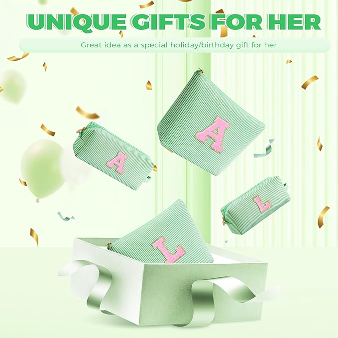 Monogrammed Gifts for Women - Cosmetic Bag for Teen,Initial Cute Makeup Bag Set for Women,Trendy Pouch for Niece Sister Friend Female Her,Birthday Gifts for Daughter - Green,J