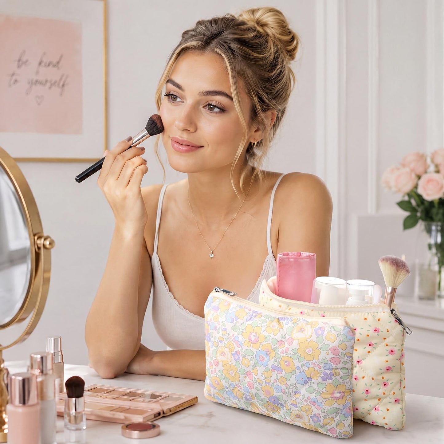 Paterr 10 Pcs Quilted Makeup Bag Bulk Cotton Floral Cosmetic Bag Women Girls Bridesmaid Gifts Cute Makeup Pouch Coquette Aesthetic Travel Toiletry Organizer(Rustic Floral,9.06 x 5.91 Inches)