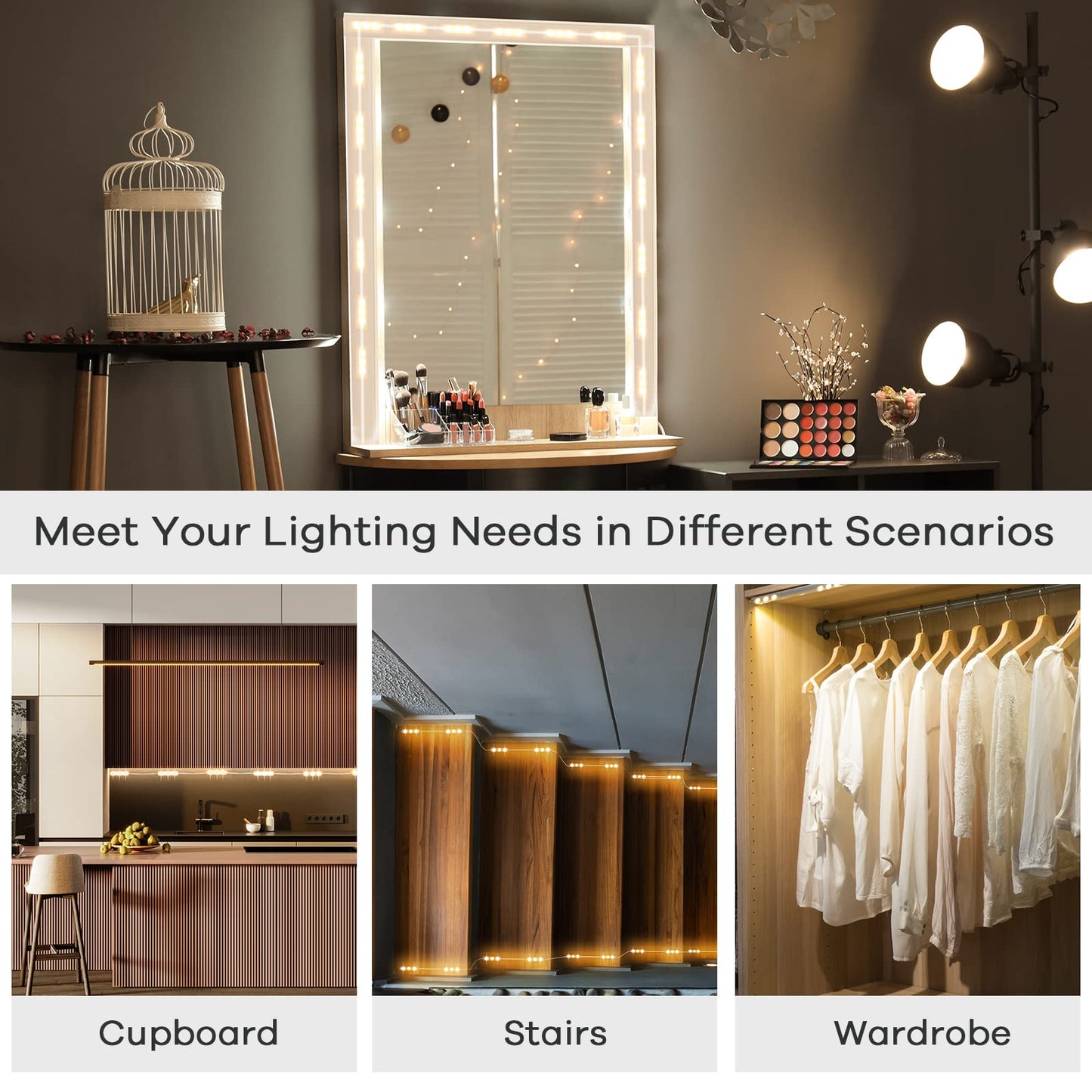 Consciot LED Vanity Lights for Mirror, Hollywood Style Strip, Adjustable Color & Brightness, USB Cable, Dimmable Makeup Stick on Table Dressing Room, White
