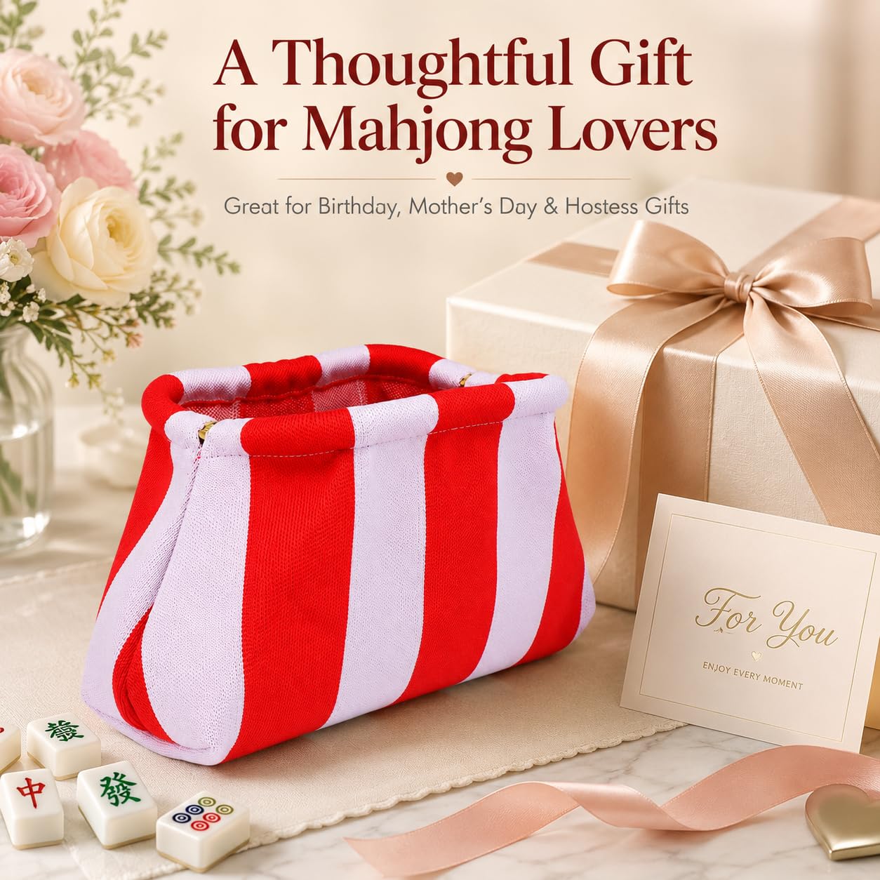 Woven Mahjong Tile Bag for American Mah Jongg, Striped Crochet Storage Clutch with Snap Closure, Portable Case for Tiles, Game Night Gift (Red Purple, Stripe)