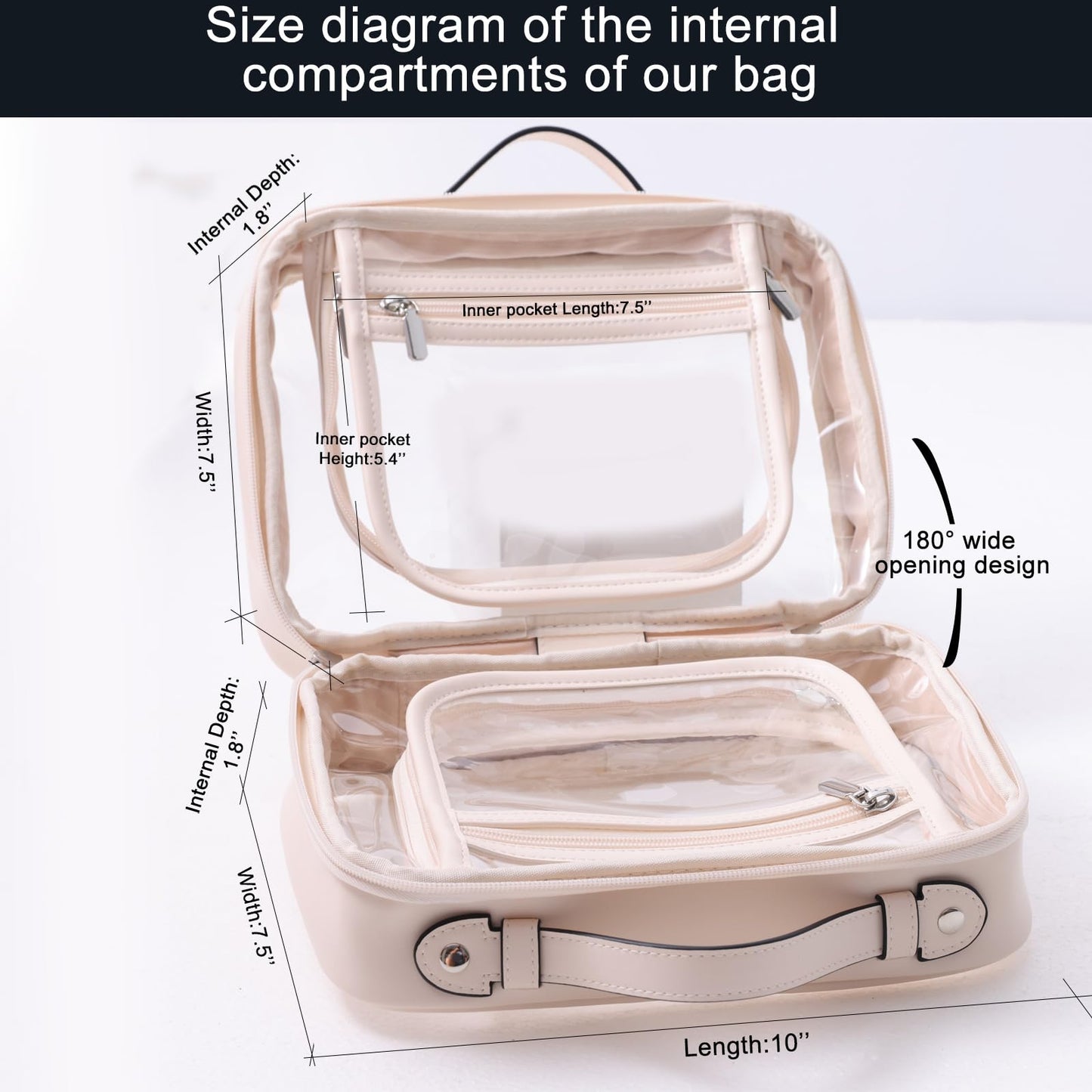 SANHECUN traveling toiletry case clear cosmetics case makeup bag Dimensions | LxWxH:10” x 4.5” x 7.5”(Beige, Medium)