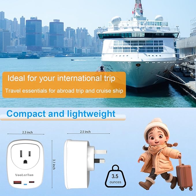 Type I Plug Adapter, VooLerTun Australia Travel Adapter with 30W Fast Charge Power Adapter Dual Ports compatiblecell Phone Camera, 1 American Outlet Adapter, US Converter for New Zealand Travel